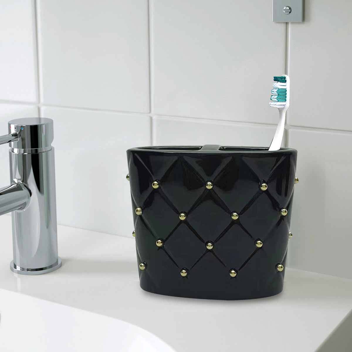 Providence Black & Gold Quilted Ceramic Stud Toothbrush Holder, 4"