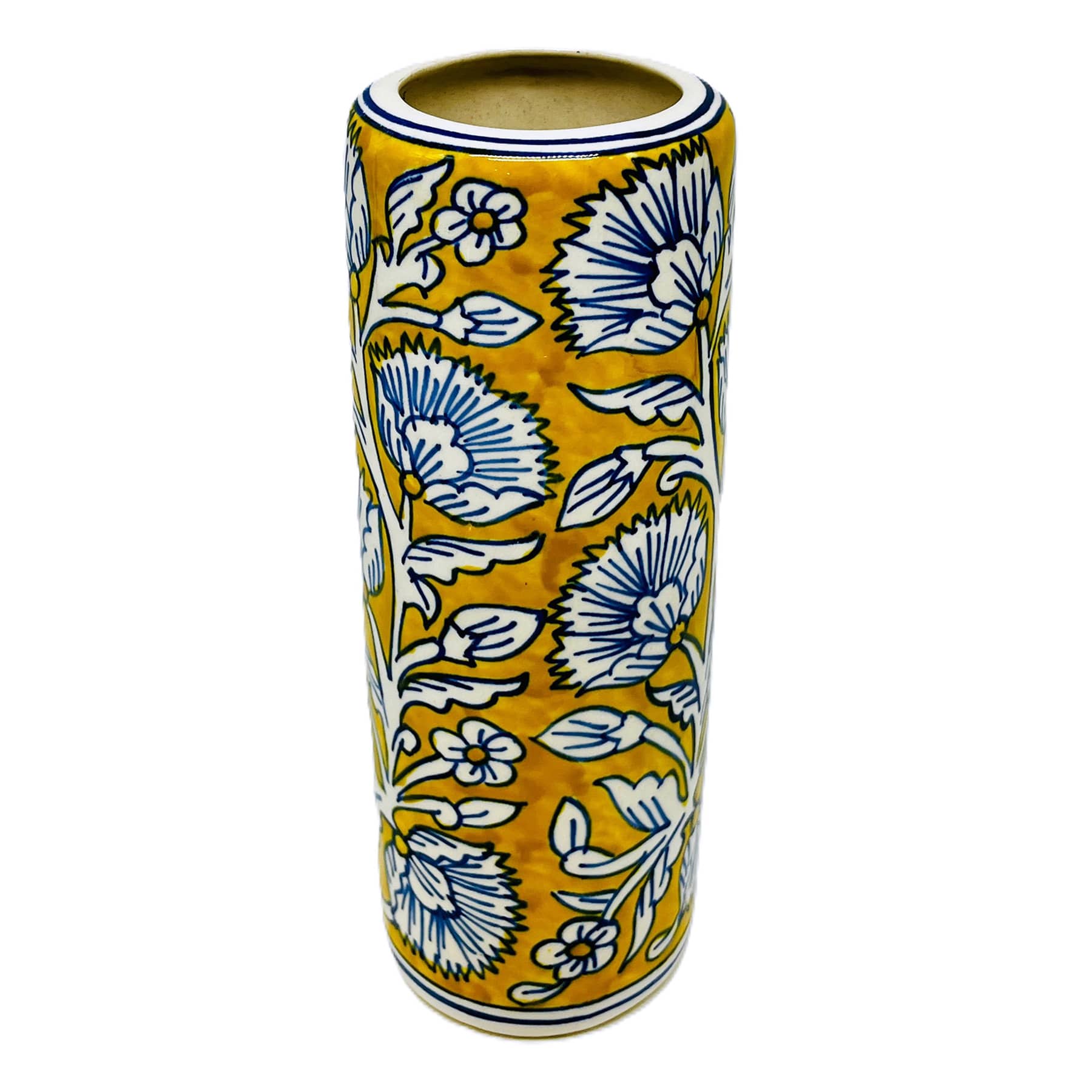 Yellow and Blue Handpainted Floral Ceramic Cylinder Vase, 10"