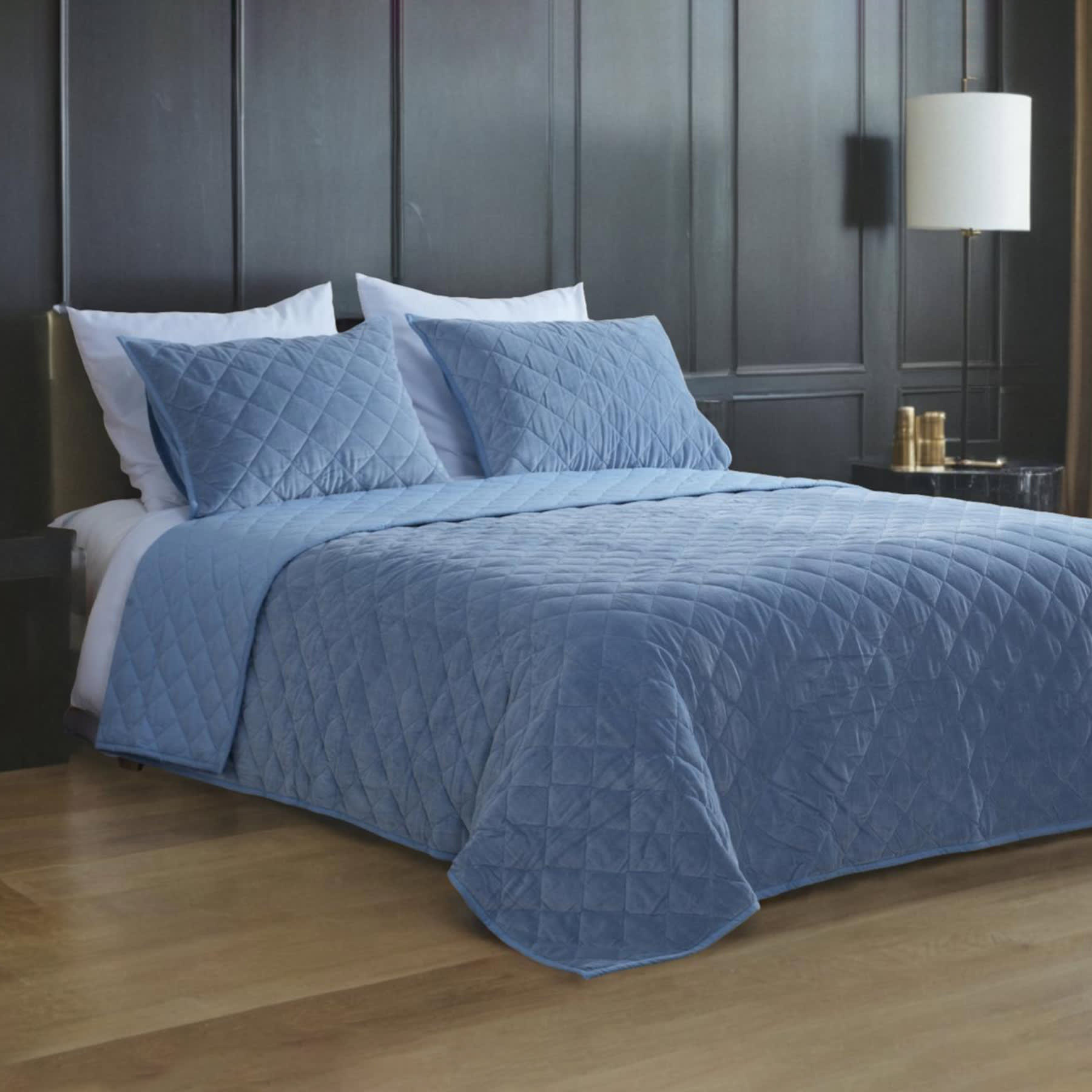 Providence 3-Piece Light Blue Cotton Velvet Quilt Set, Full/Queen