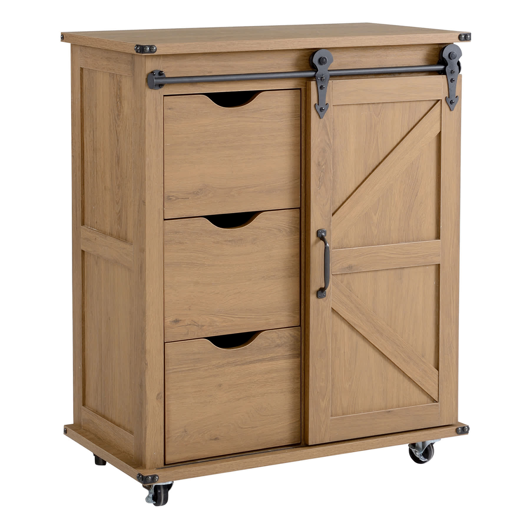 Honeybloom Jacob 3-Drawer Wooden Sliding Barn Door Cabinet, Brown