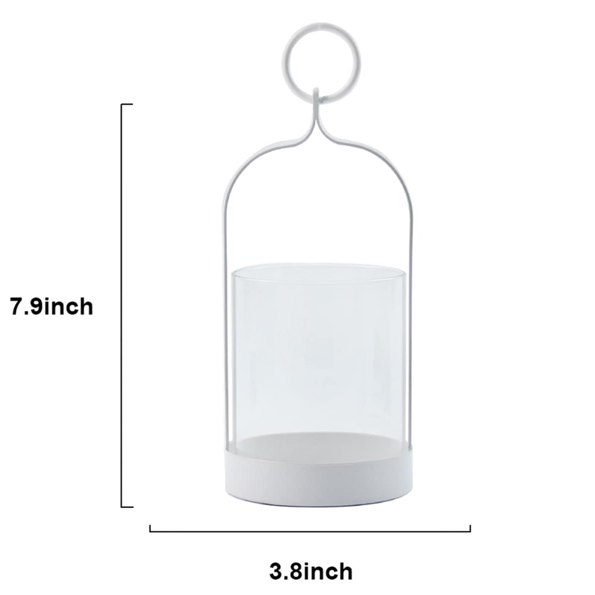 White Metal and Glass Lantern With Ring Handle, 8"