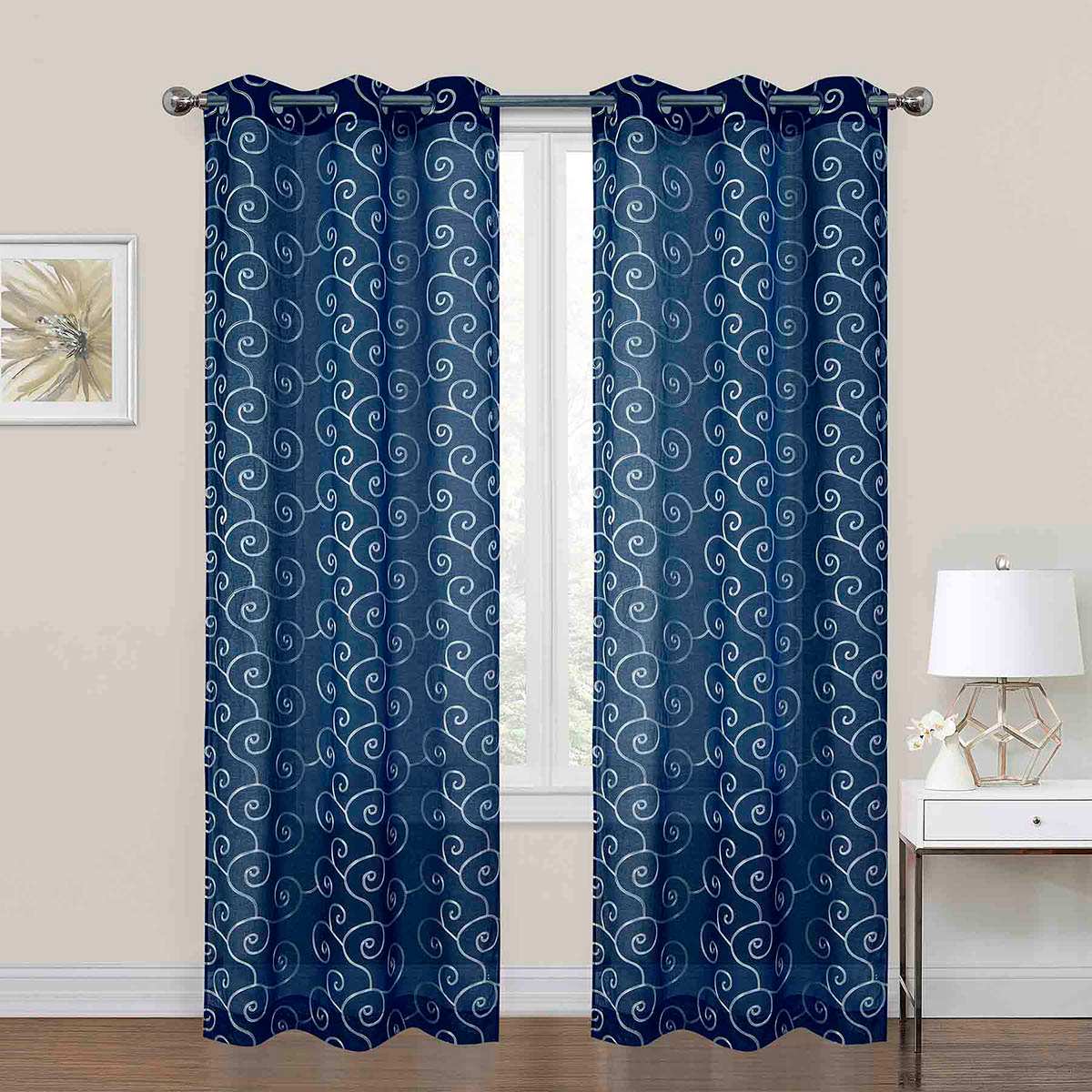 2-Pack Navy Blue Embroidered Scroll Grommet Curtain Panels, 84"