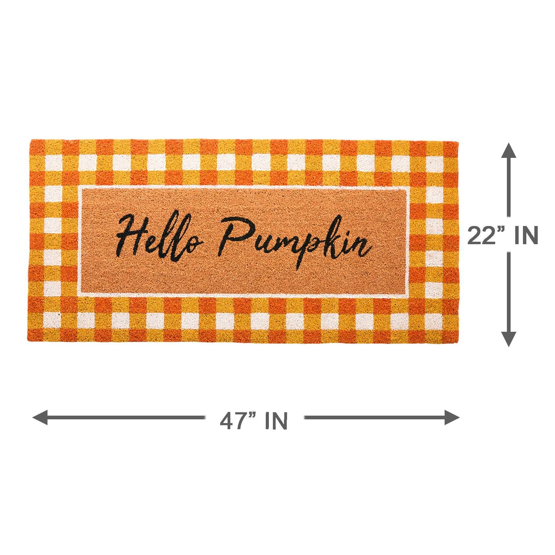 Homespun Harvest Hello Pumpkin Plaid Border Coir Mat, 22x47