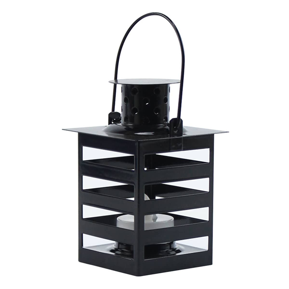 Black Metal Lantern with LED Tealight Candle, 4.5"