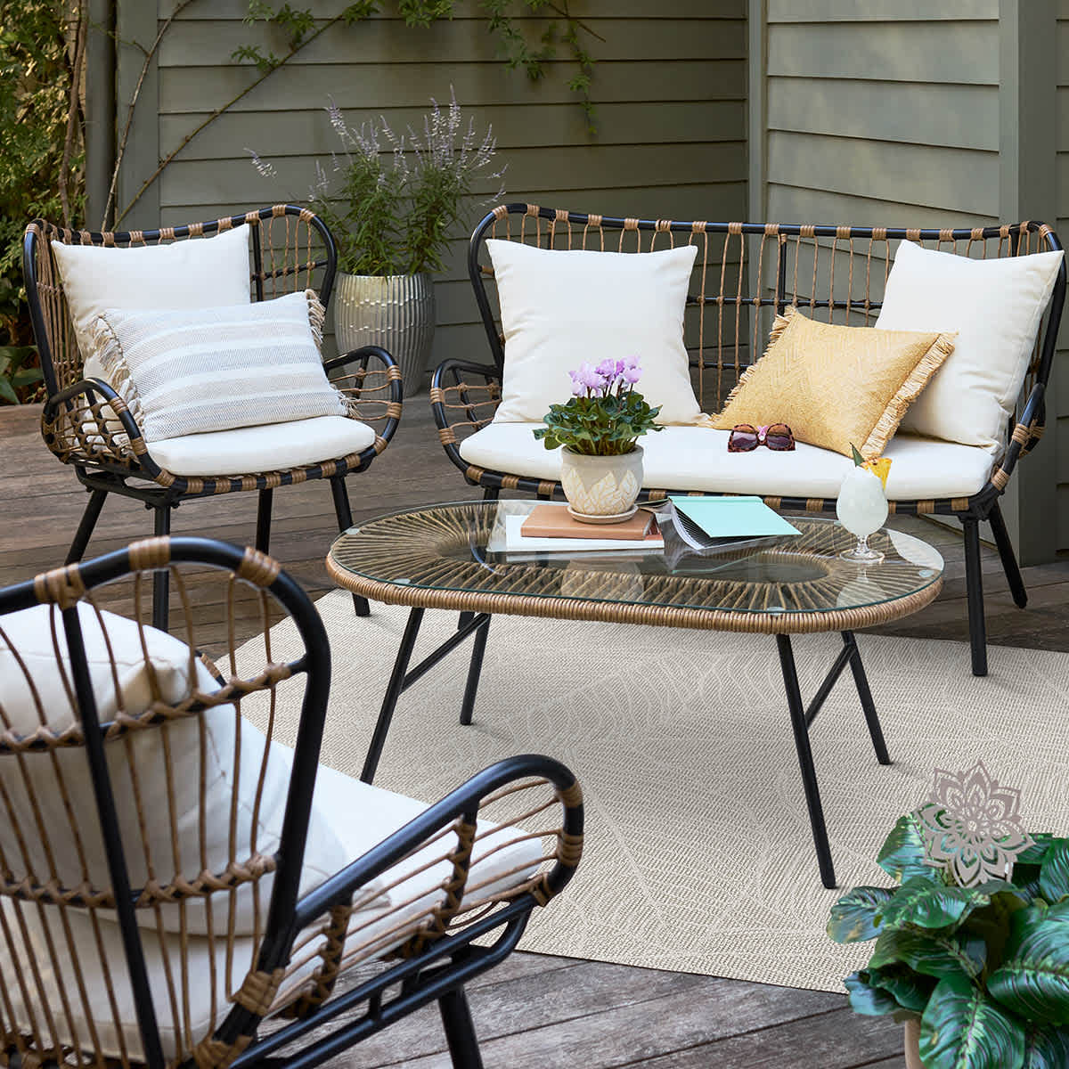 Found & Fable Mila 4-Piece Seating Set Black & Tan with Natural Canvas Cushions
