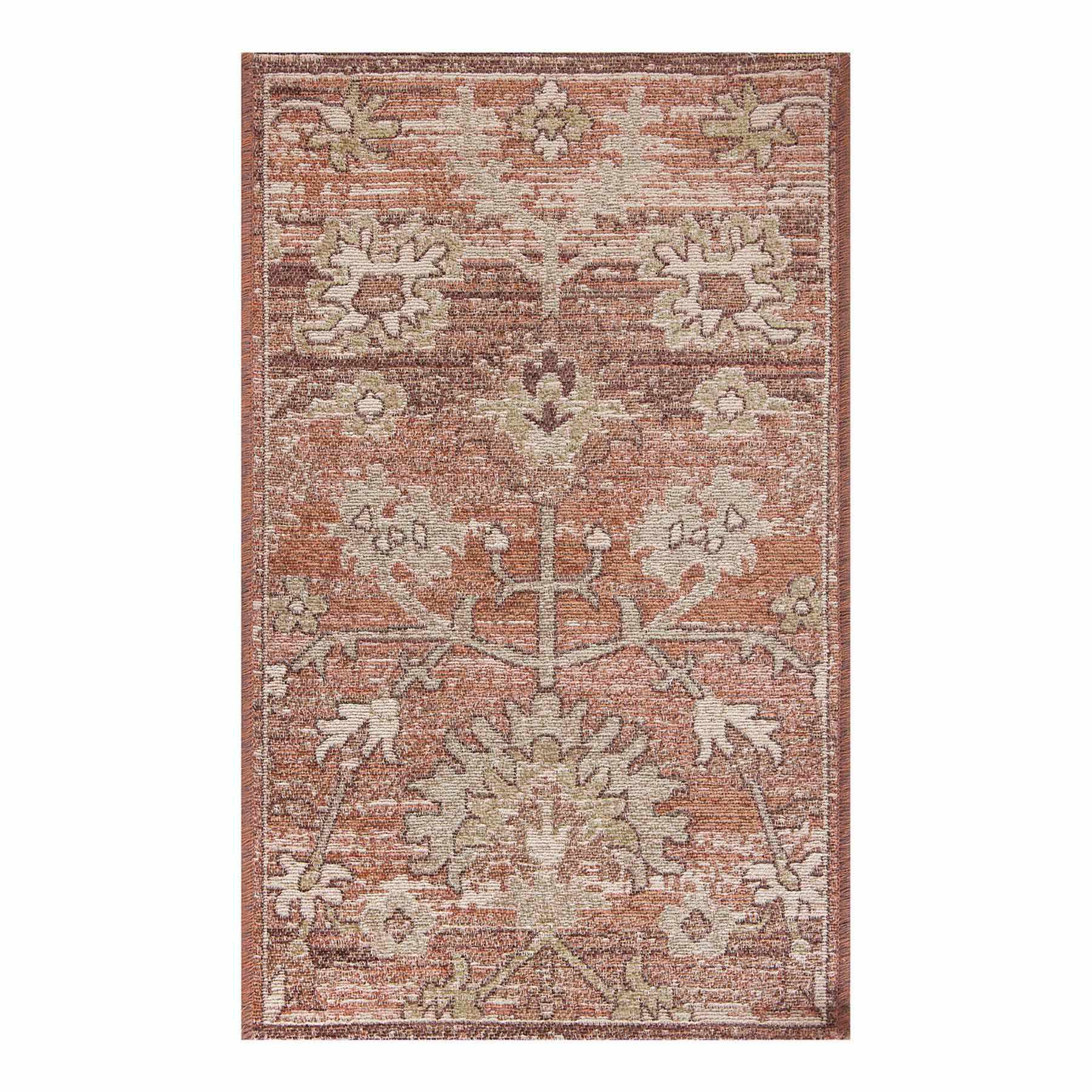 Terracotta Floral Tapestry Accent Rug with Gel Latex Back, 21x34