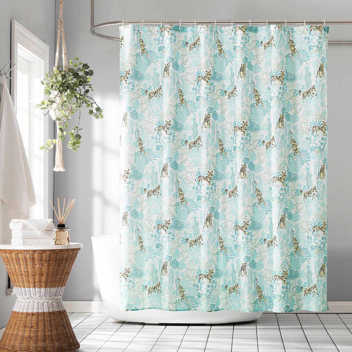 13-Piece Turquoise Tigers & Jungle Shower Curtain Set, 70x72