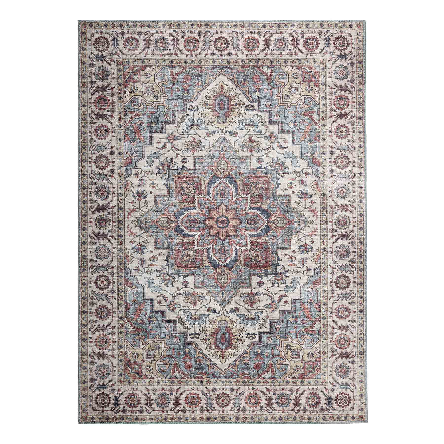 (D448) Found & Fable Chenille Printed Vintage Look Blue Medallion Accent Rug, 2x5