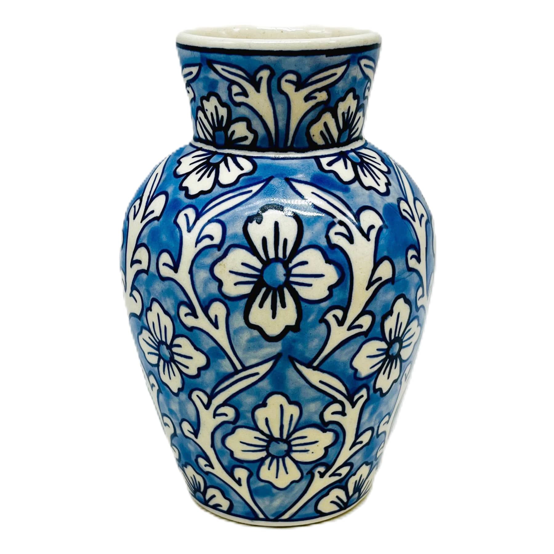 Light Blue Handpainted Floral Ceramic Vase, 6.7''