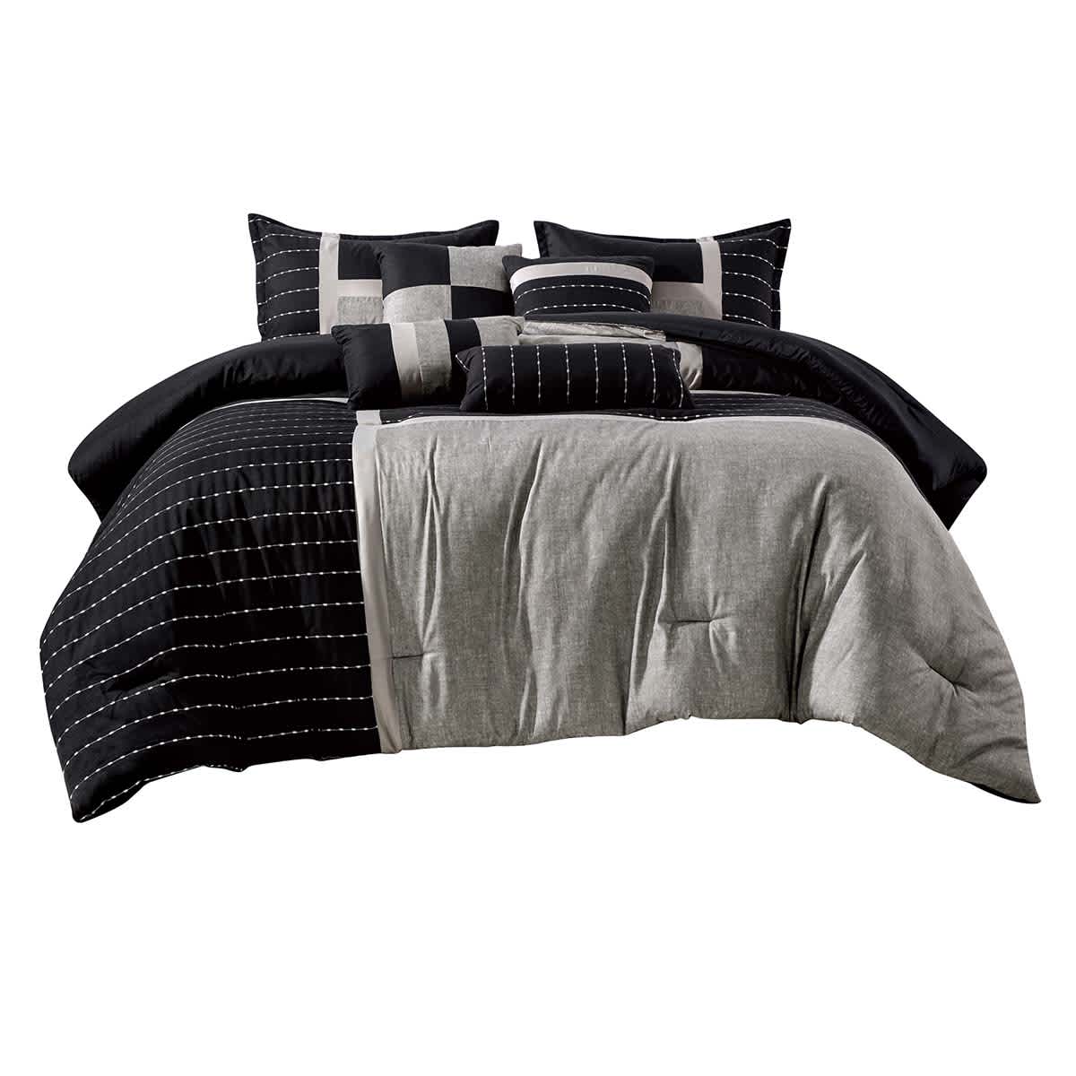 7-Piece Finley Black & Grey Striped Comforter Set, Queen