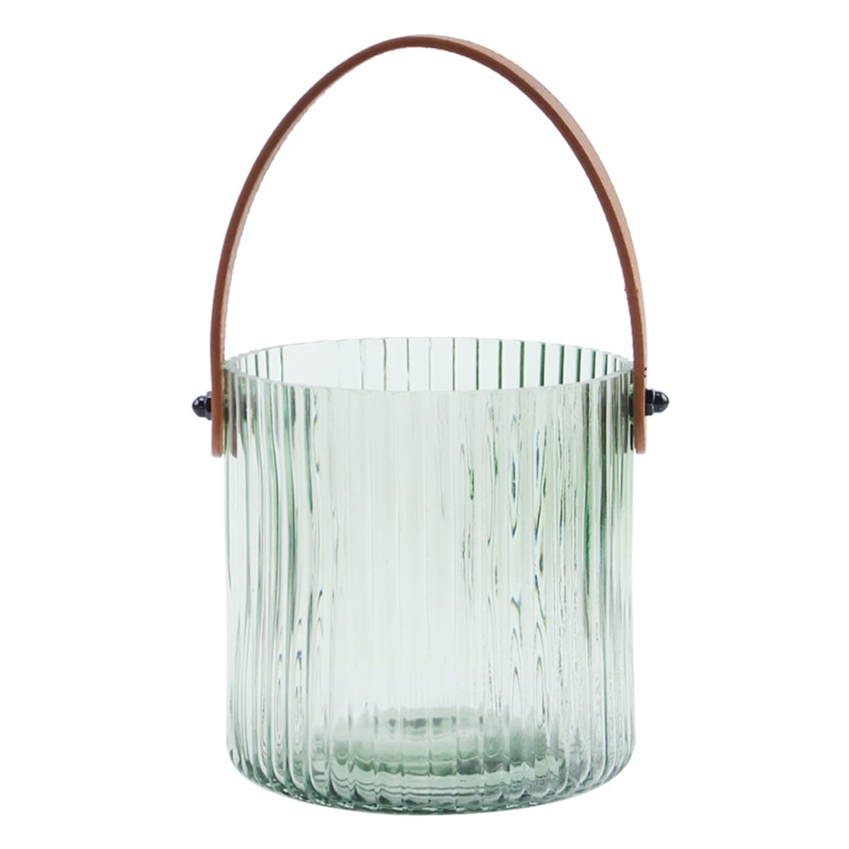 Ribbed Green Glass Lantern with Brown Leather Handle, 5"