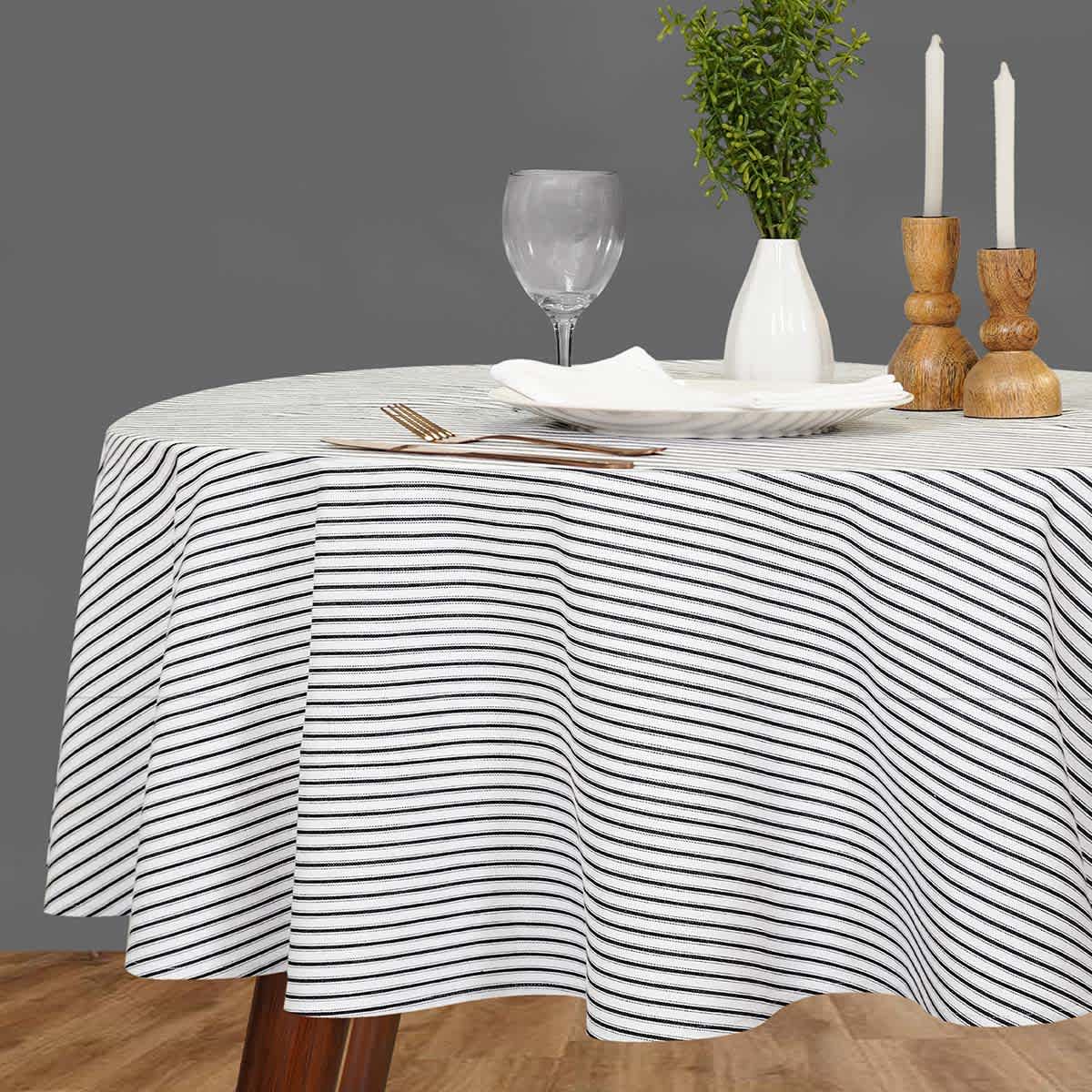 Black & White Striped Print Round Tablecloth, 70"