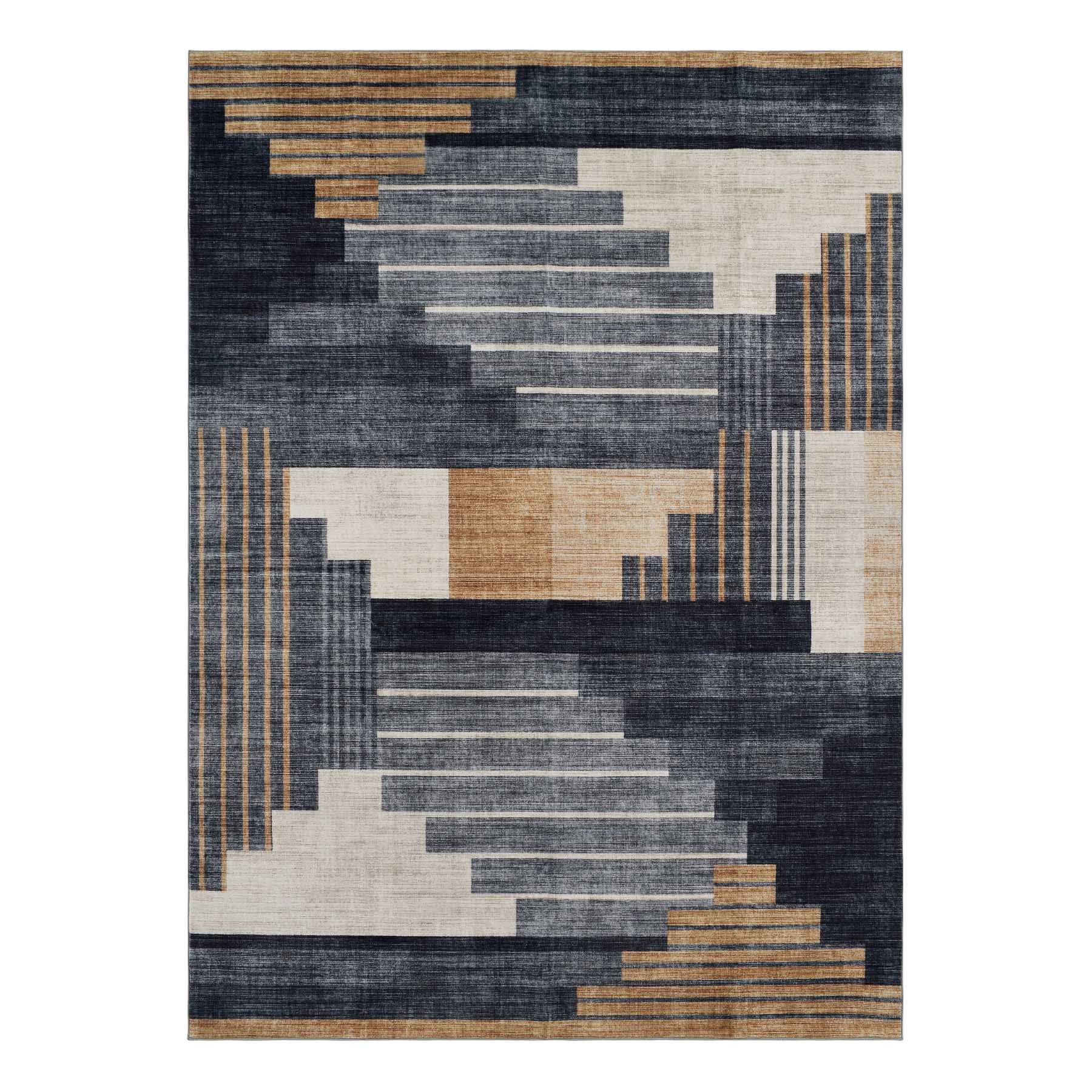 (B874) Crosby St. Dove Navy & Gold Washable Area Rug, 5x7