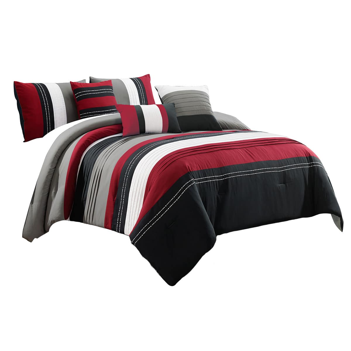 7-Piece Red & Black Embroidered Pintuck Premium Comforter Set, Queen