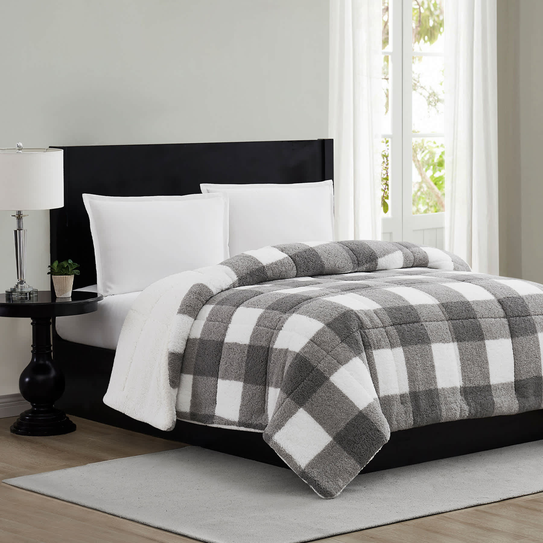 Grey Buffalo Plaid Sherpa Comforter, Queen