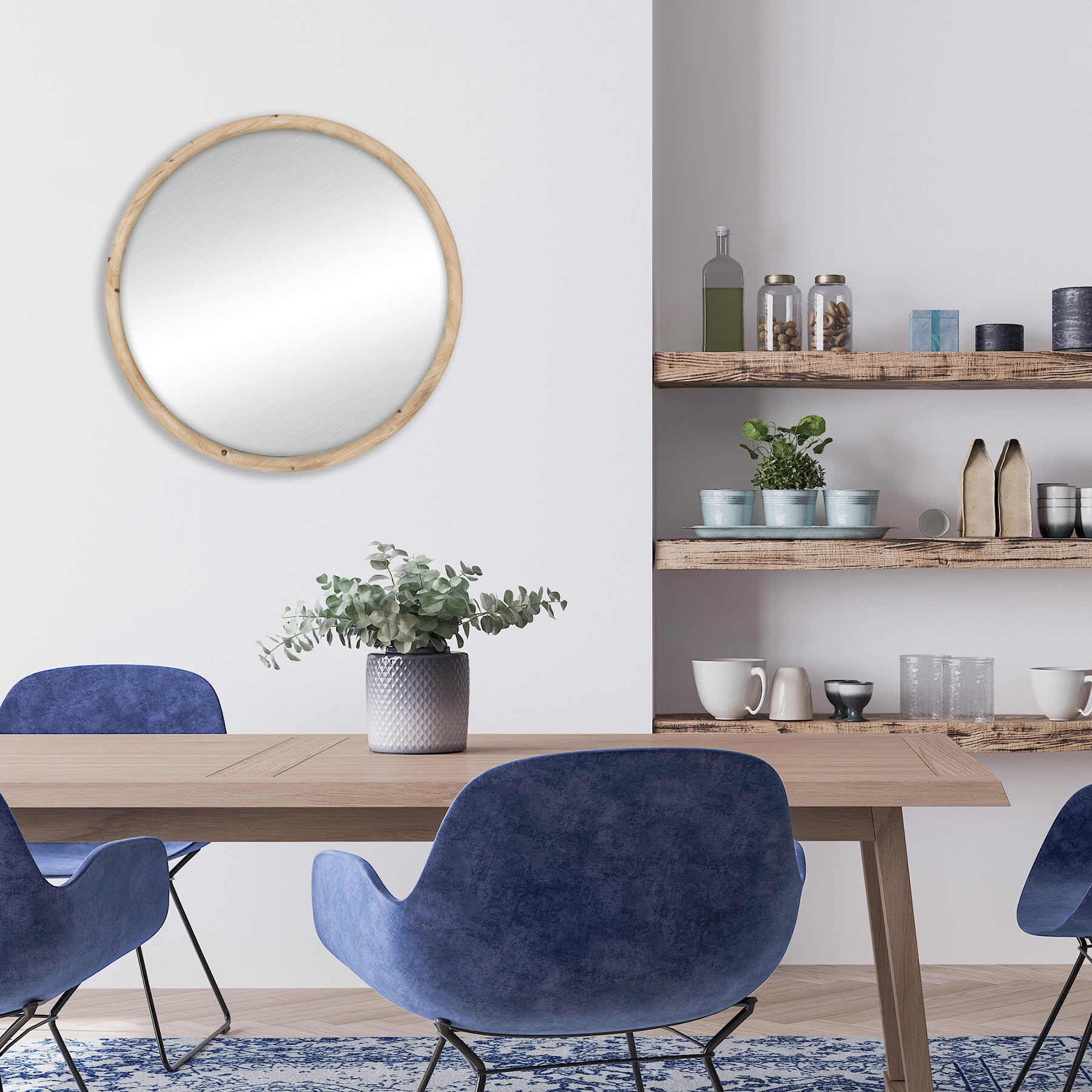 Wood Framed Round Wall Mirror, 30"