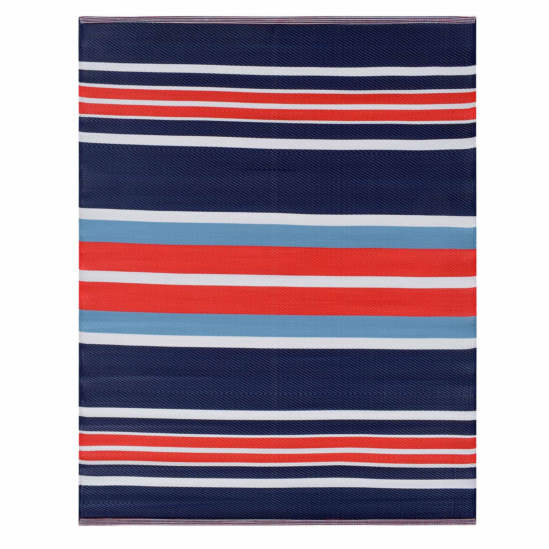 Dark Blue Striped Plastic Outdoor Rug, 5x7
