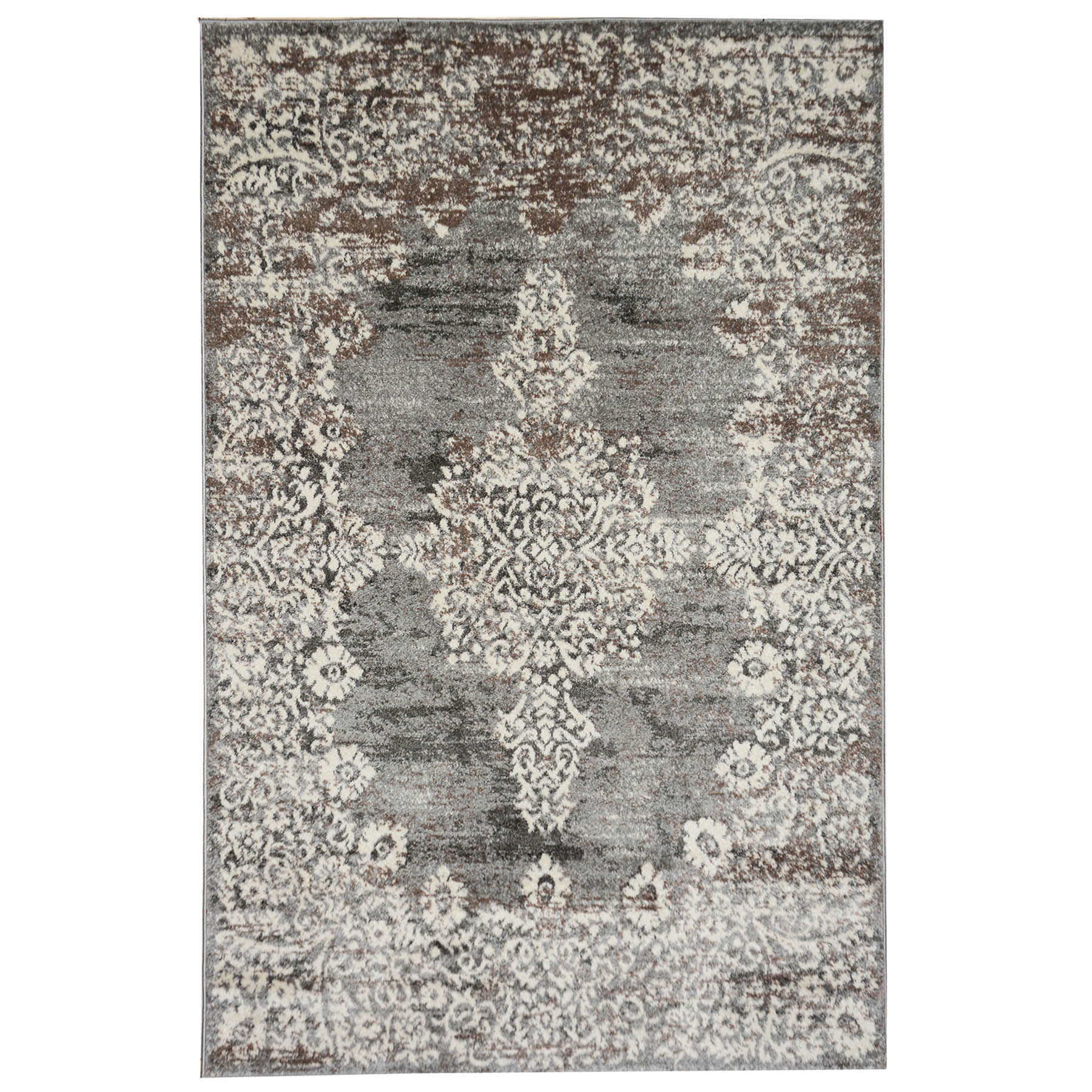(D393) Grey & White Antique Medallion Accent Rug, 3x5