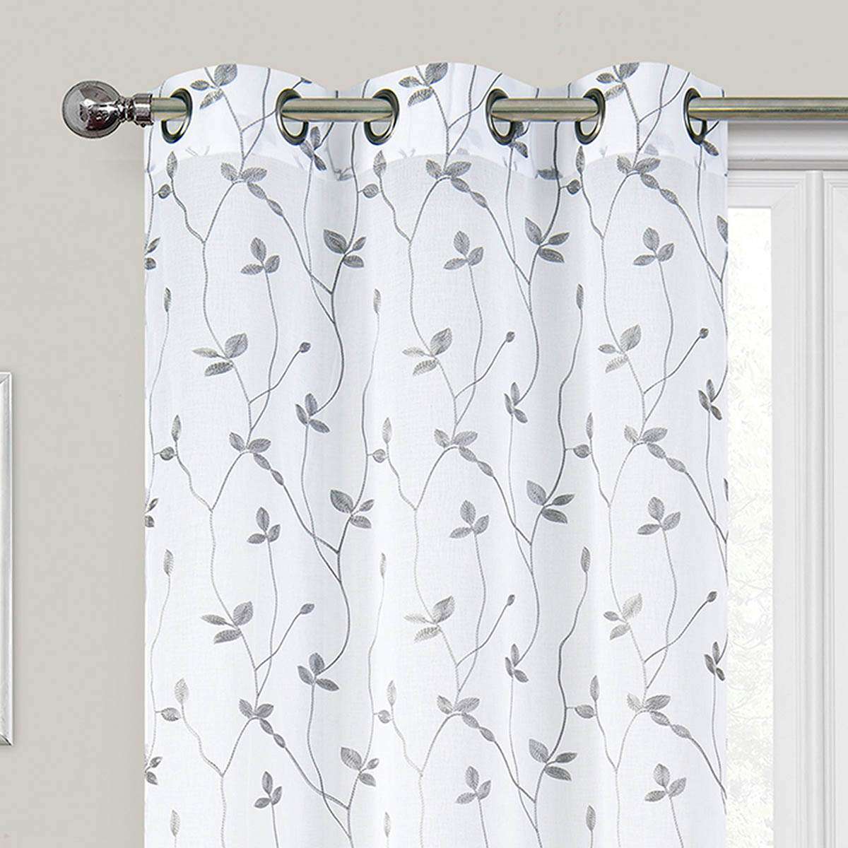 2-Pack White & Grey Embroidered Leaf Sheer Grommet Curtain Panels, 84"