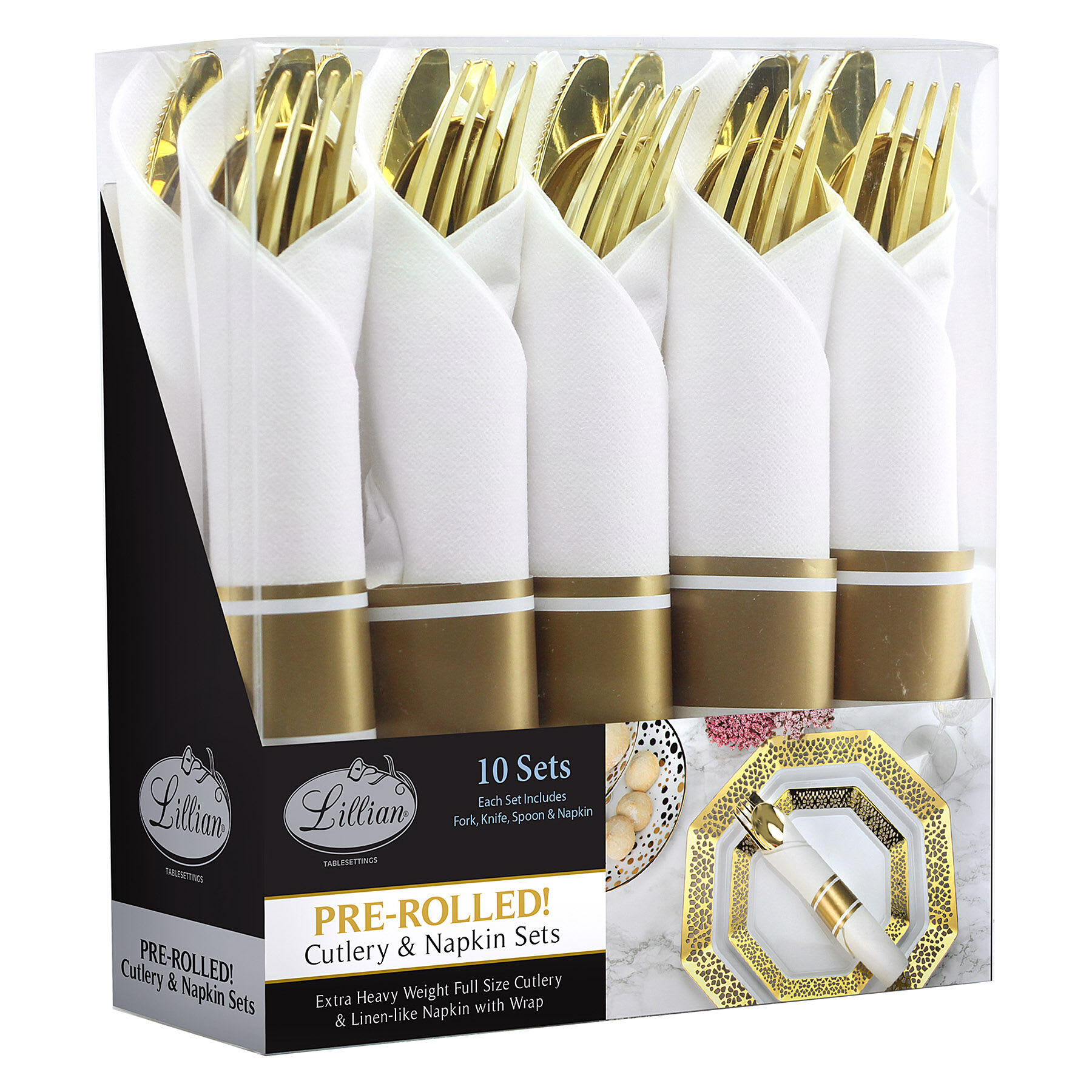 Lillian Table Settings 10-Count Polished Gold & White Rolled Cutlery Combo