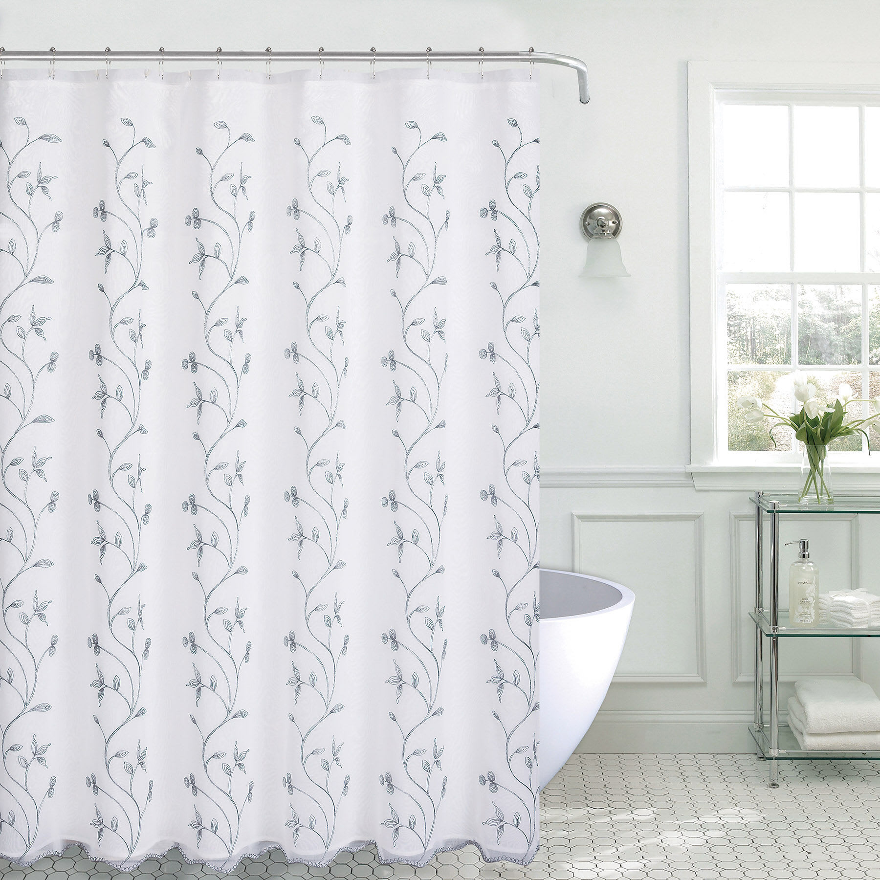 Madura Silver Embroidered Shower Curtain, 72"
