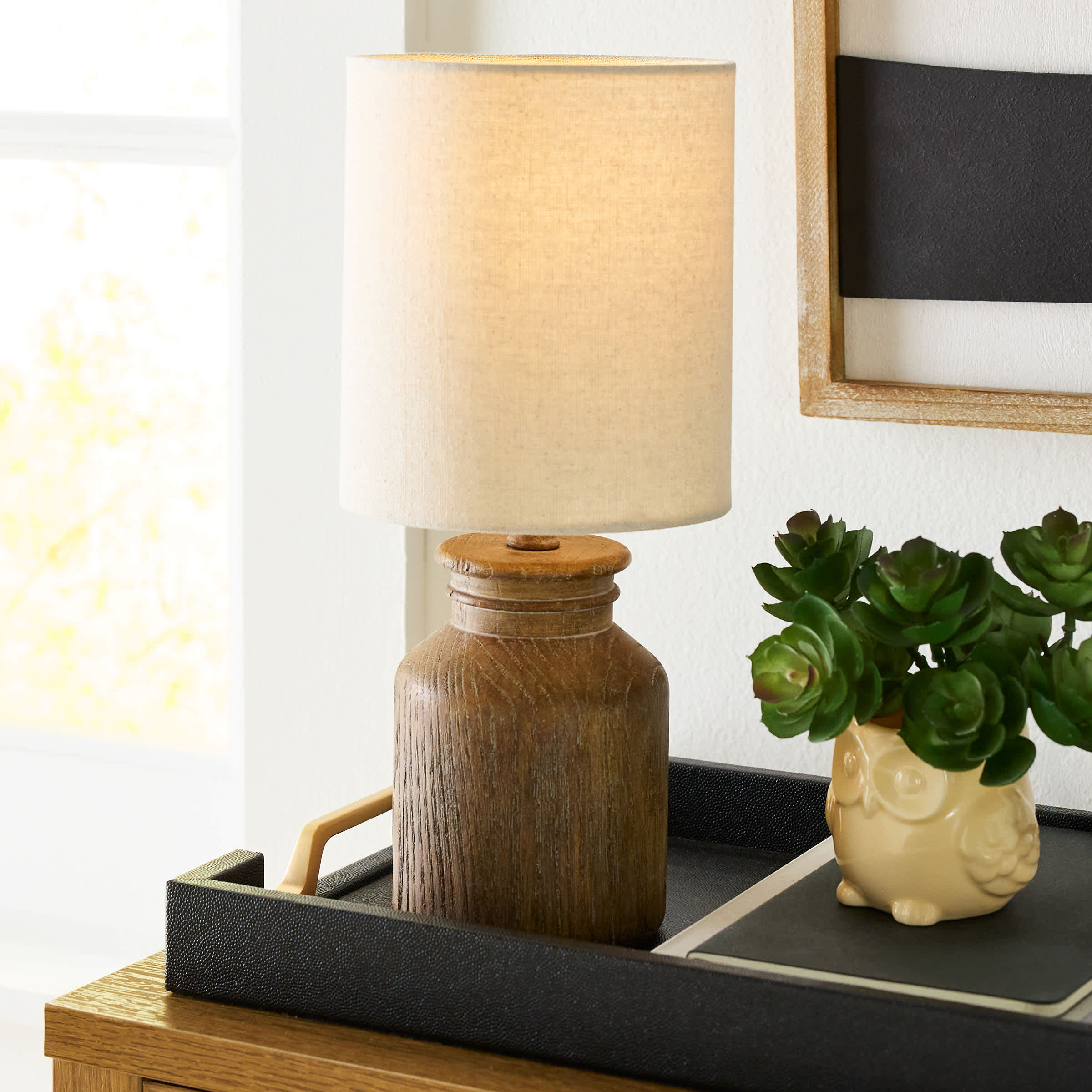 Honeybloom Walnut Wood Finish Mini Table Lamp with Shade, 12"