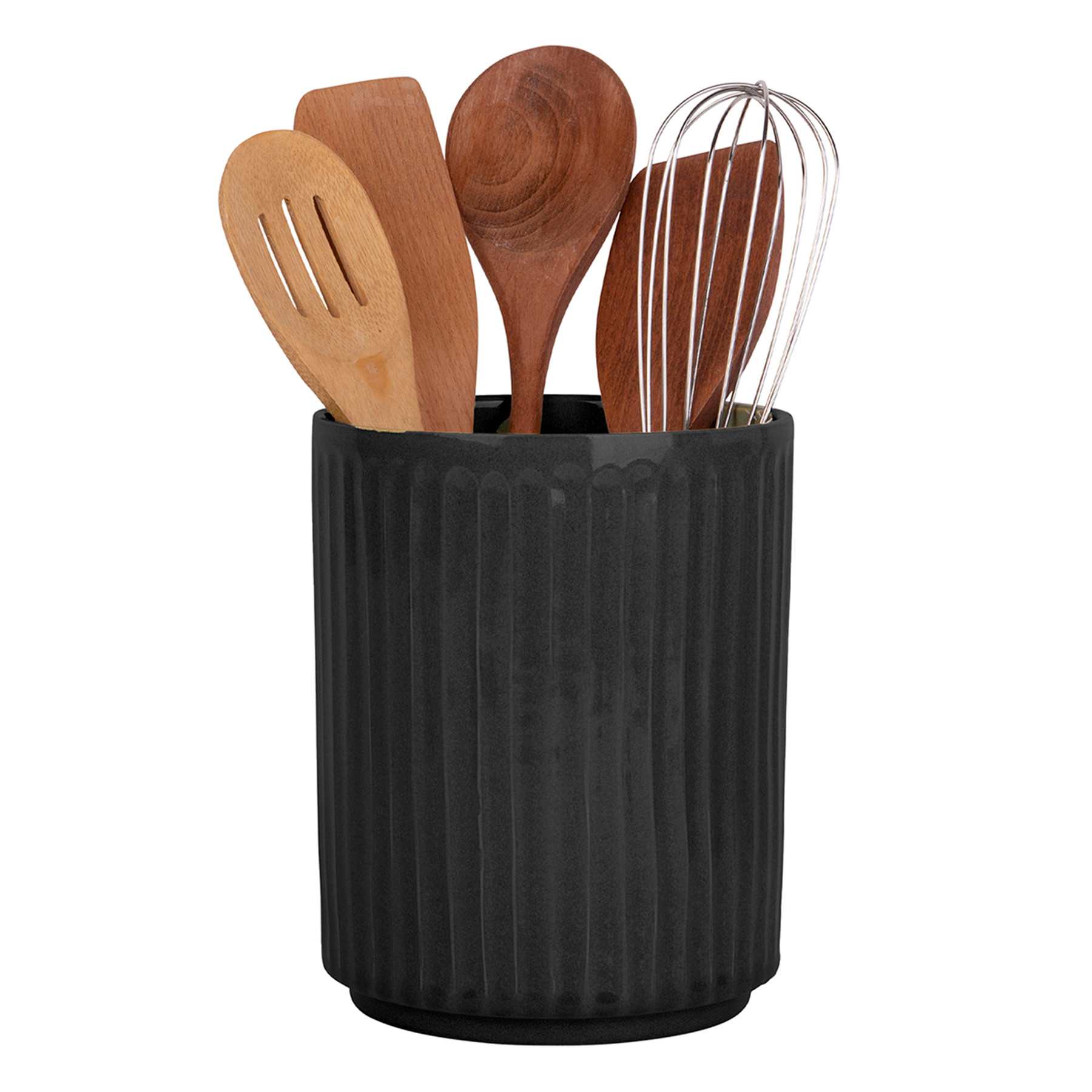 Round Black Striped Utensil Crock, 7.5"