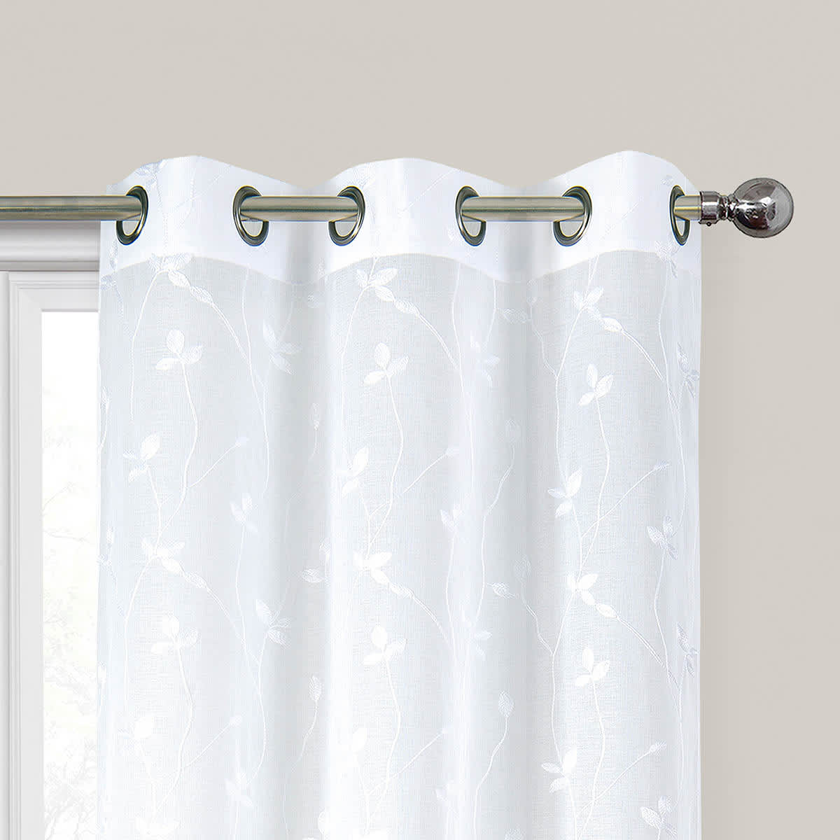 2-Pack White Embroidered Leaf Grommet Curtain Panels, 95"