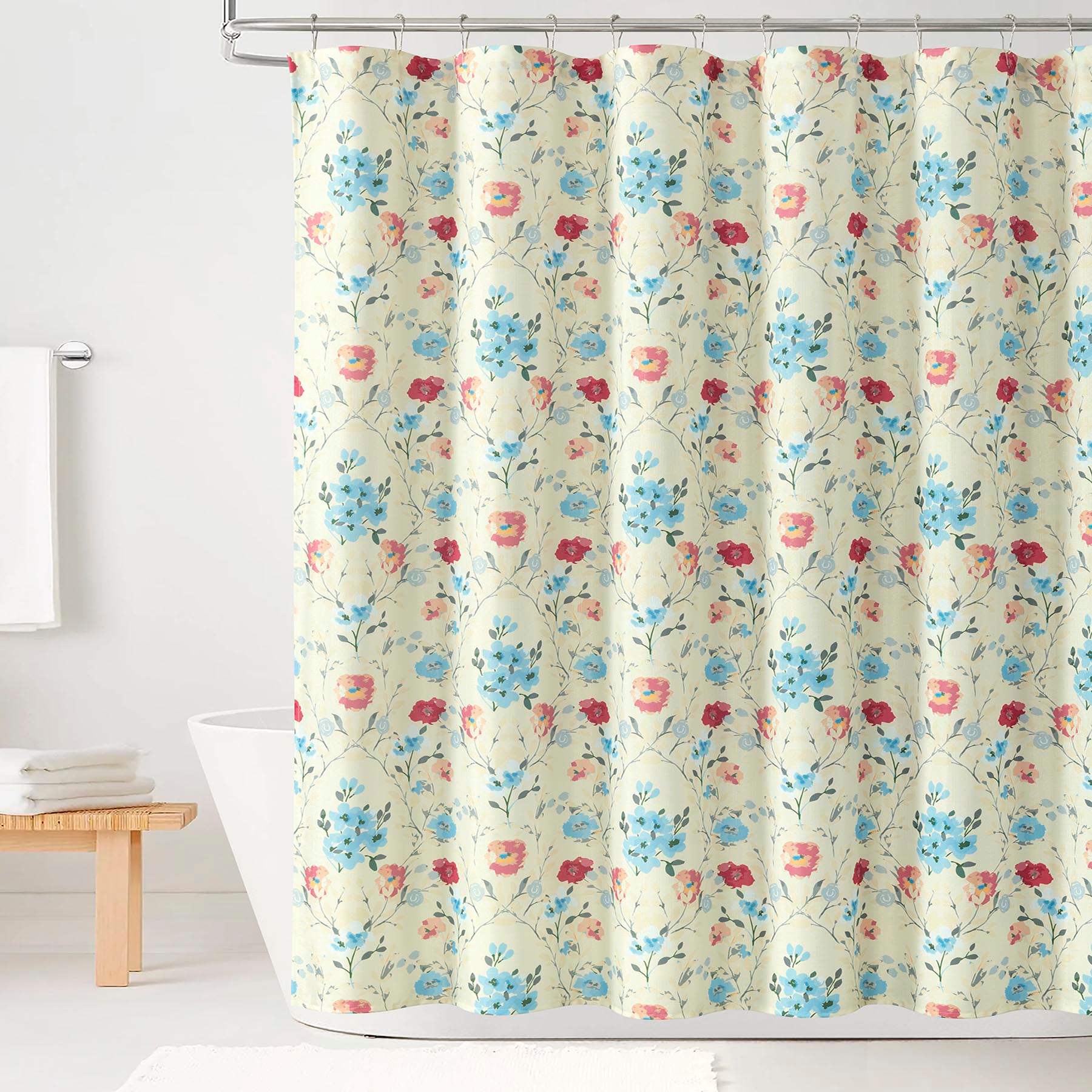 13-Piece Teal Abstract Blossoms Shower Curtain Set, 72"