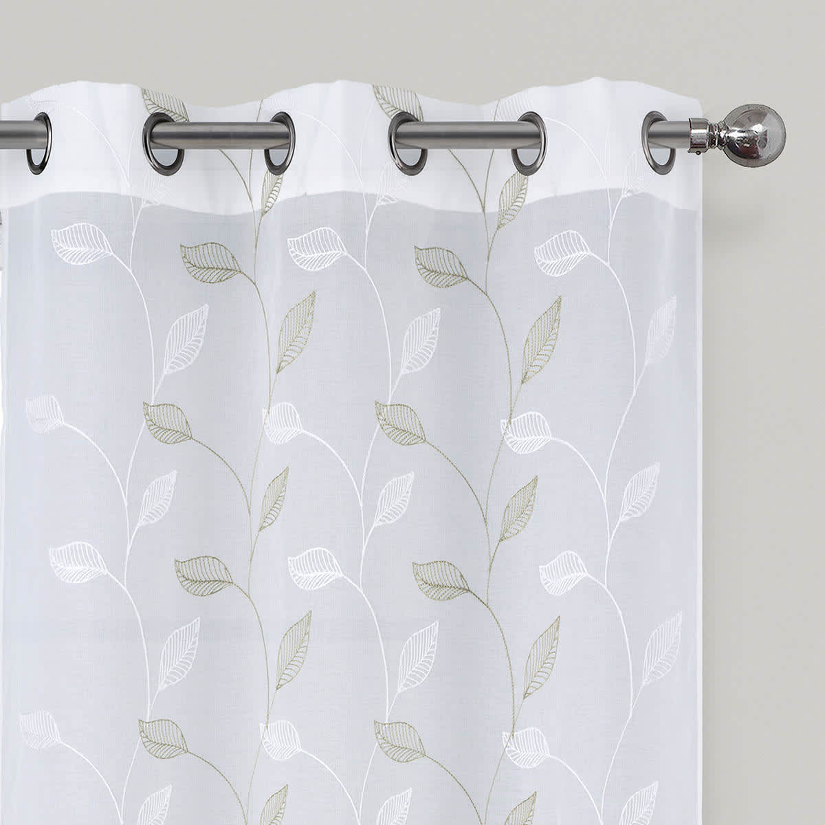 White & Green Embroidered Sheer Grommet Curtain Panel, 84"