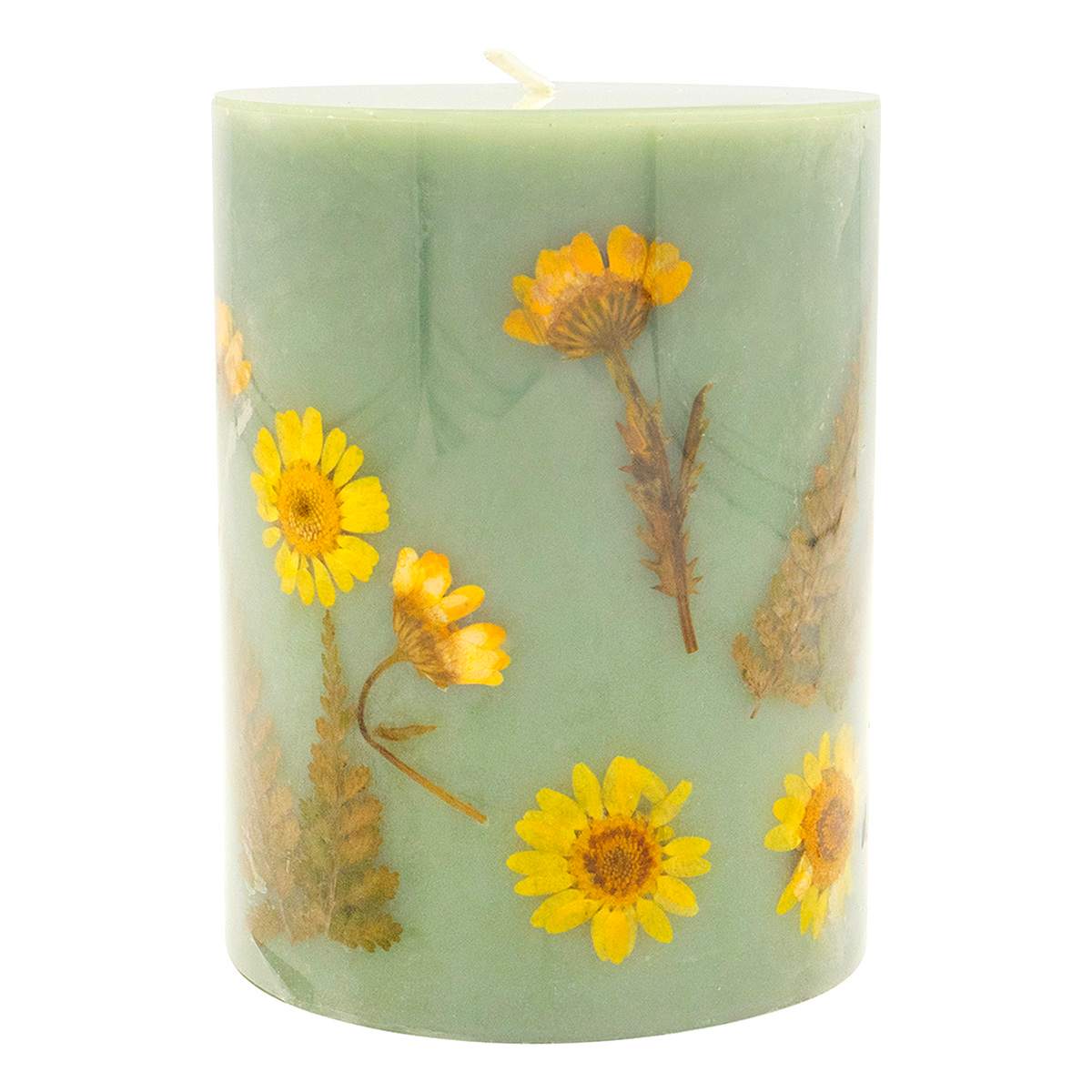 Yellow Dried Flower Embedded Green Unscented Pillar Candle, 3x4