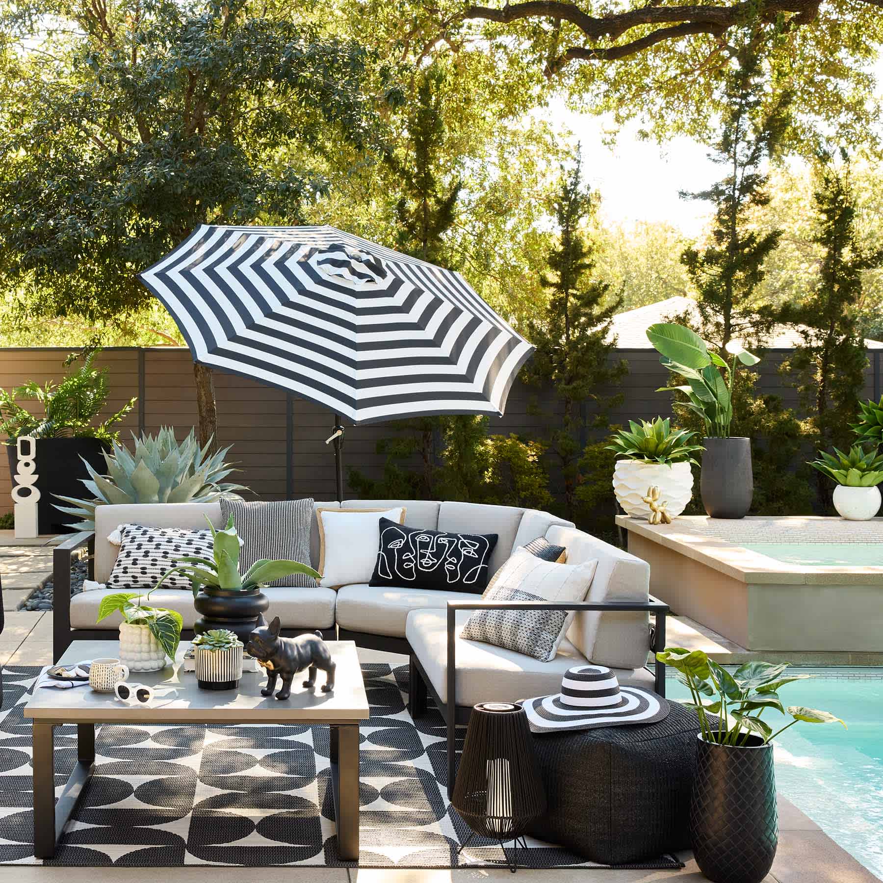 Crosby St. Black Hermosa Outdoor Pouf, 20"