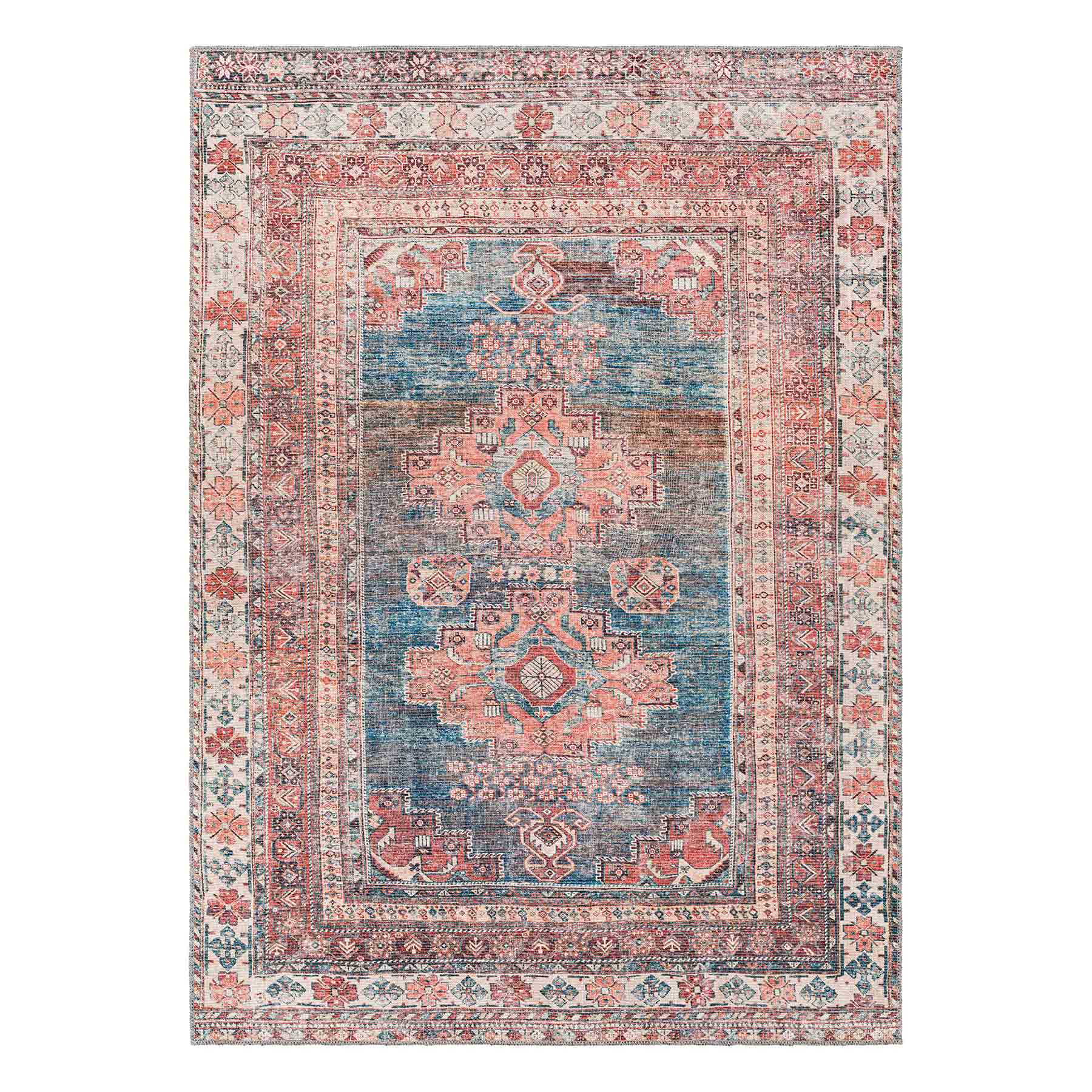 (B859) Colin Red & Blue Multi Medallion Washable Area Rug, 5x7