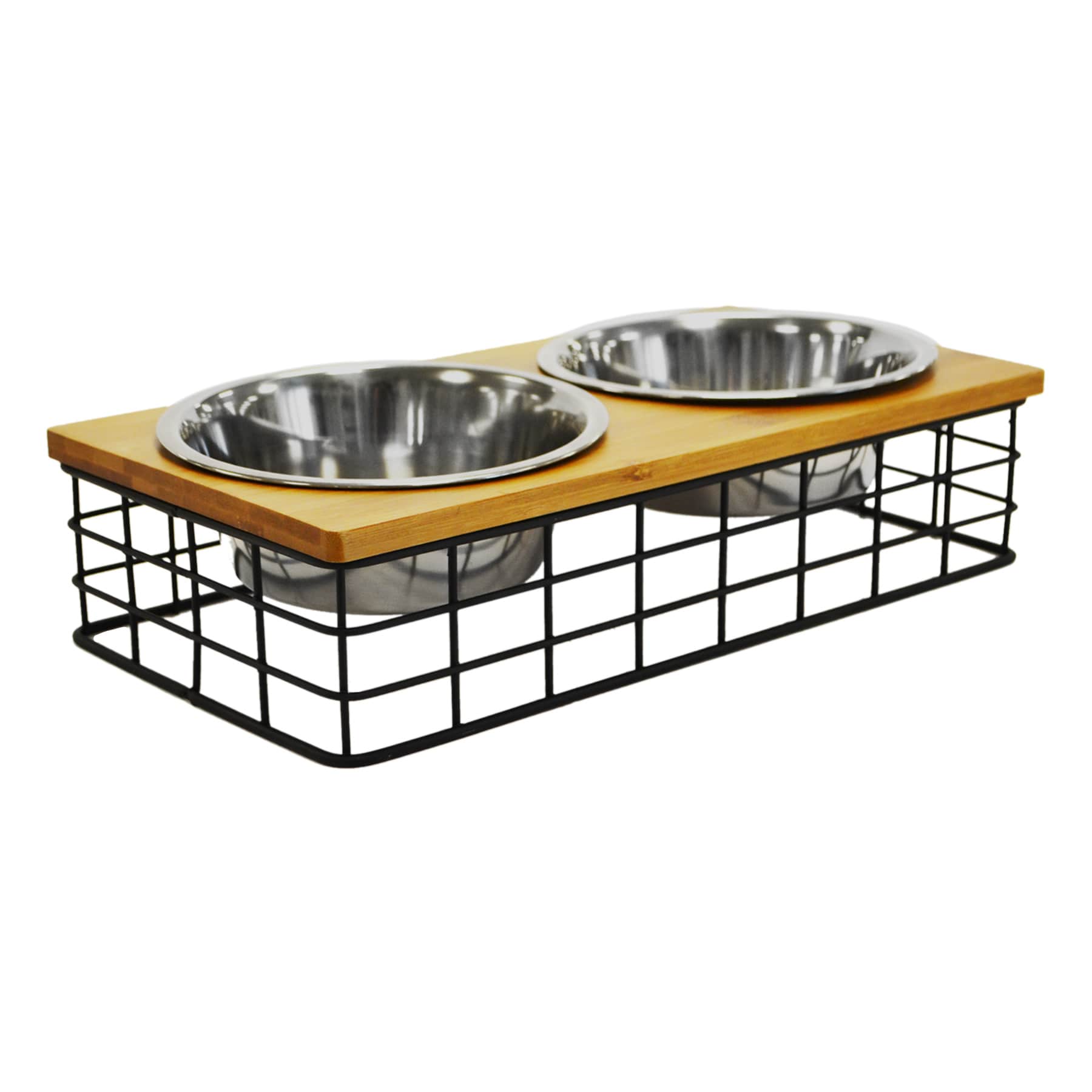 Black Metal & Bamboo 4-Cup Double Pet Feeder