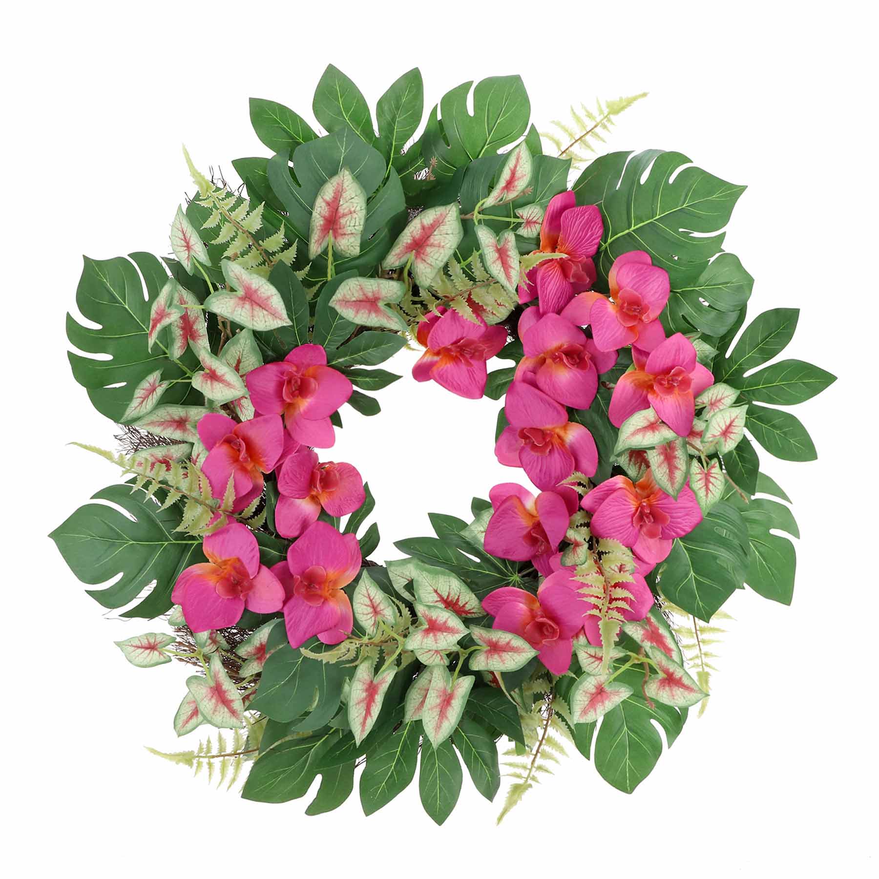 Pink Orchid with Mixed Tropical Leaves Wreath, 24"