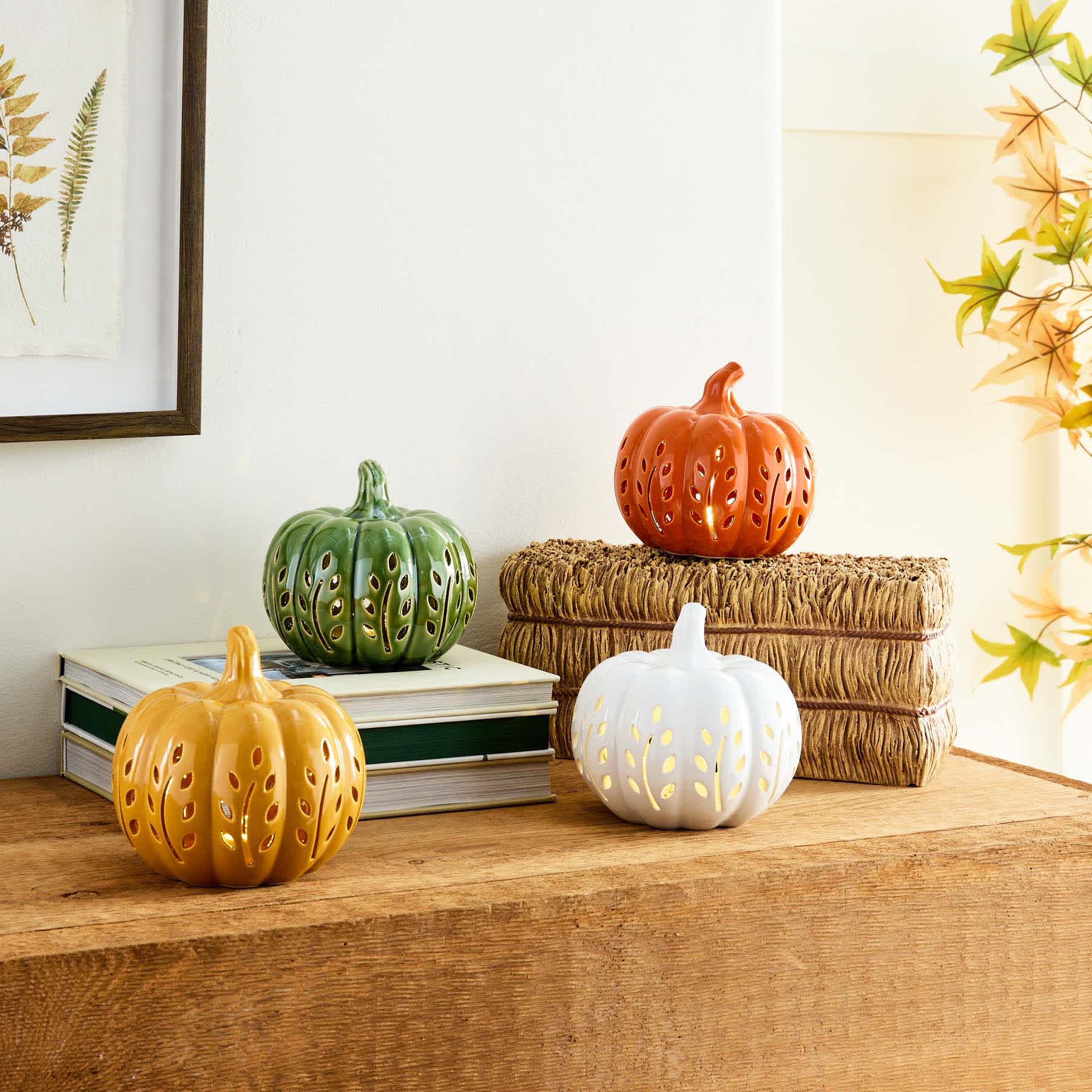 White Ceramic Pumpkin with LED Light, 5"