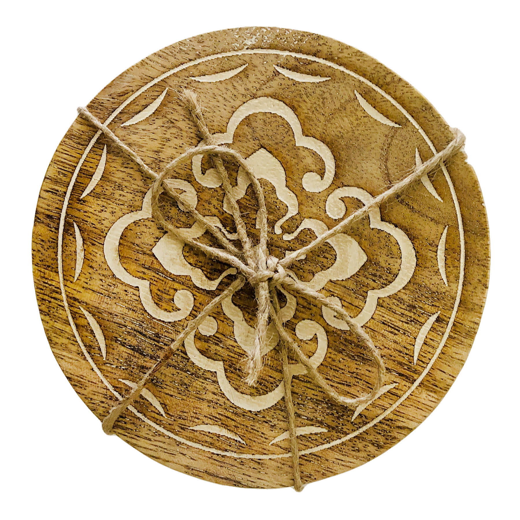 Set of 4 Etched Medallion Patterned Wood Coasters, 3.9"