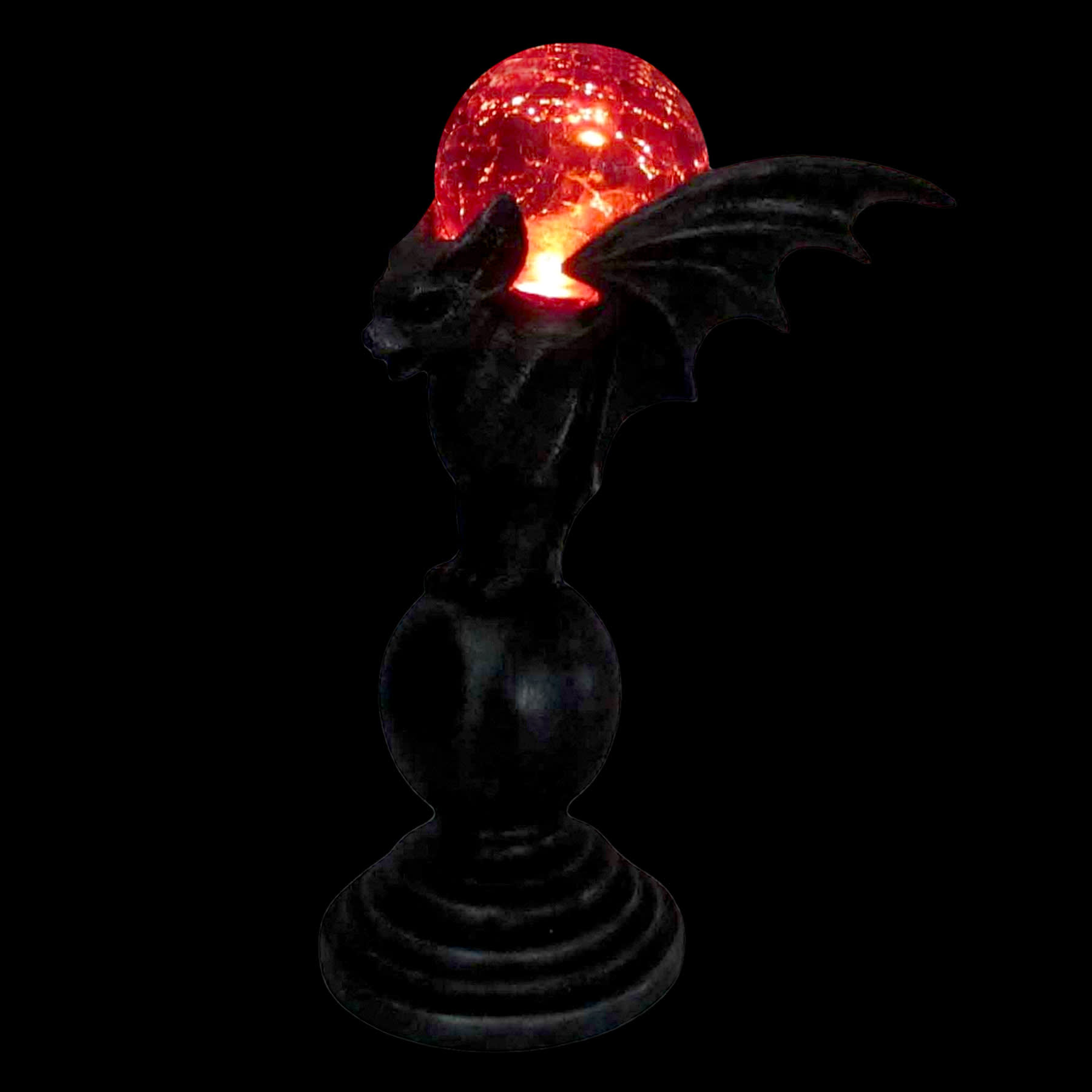 Midnight Shadows Bat on Pedestal with Red LED Crackle Glass Ball, 10"