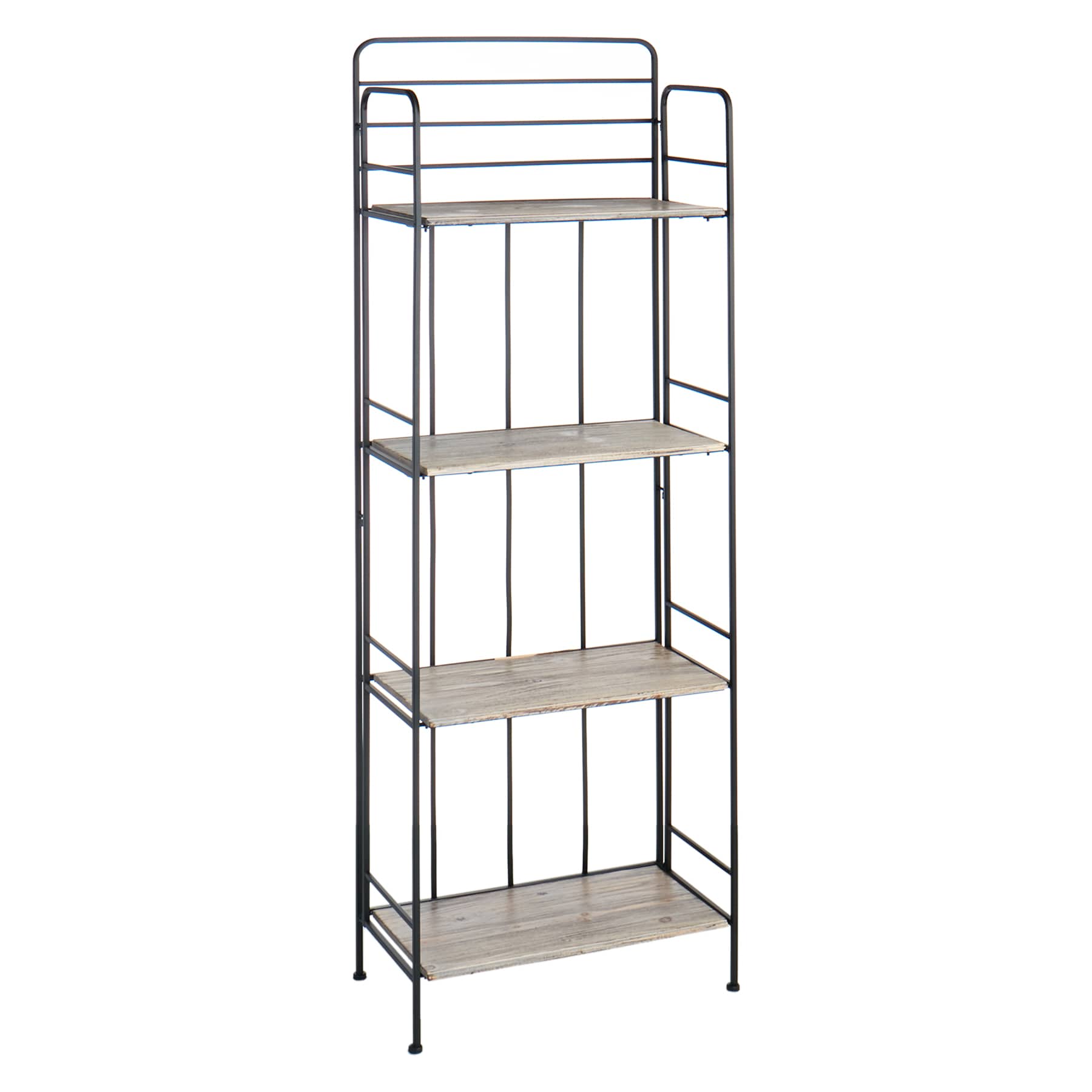 4-Tier Black Metal Baker Rack with Folding Wooden Top Shelves