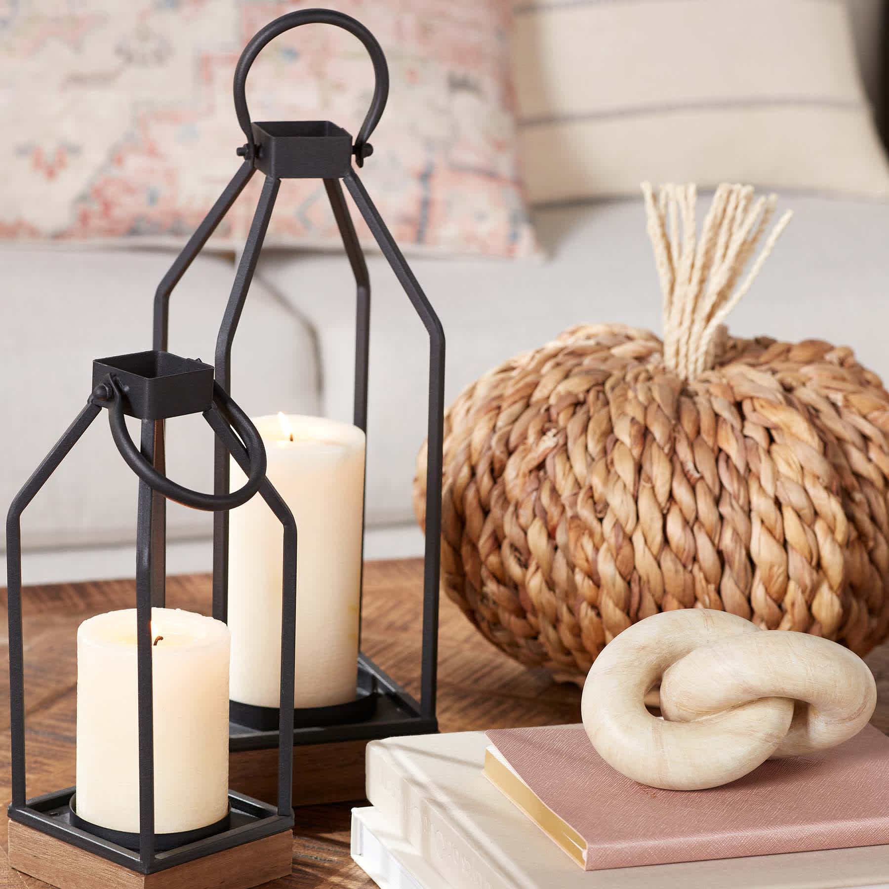 Metal Lantern with Wood Base, 13"