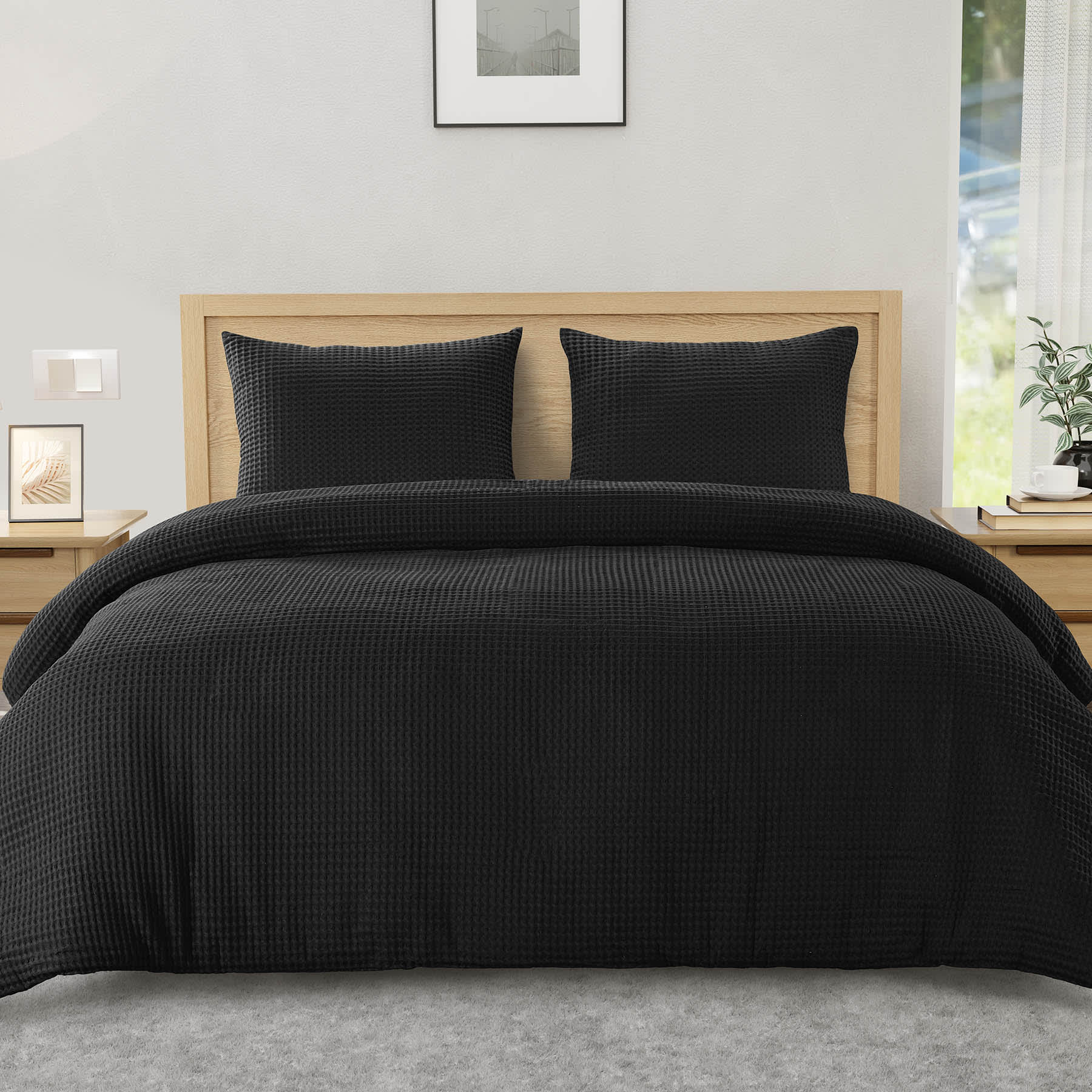 Crosby St. 3-Piece Black Waffle Cotton Comforter Set, Full/Queen