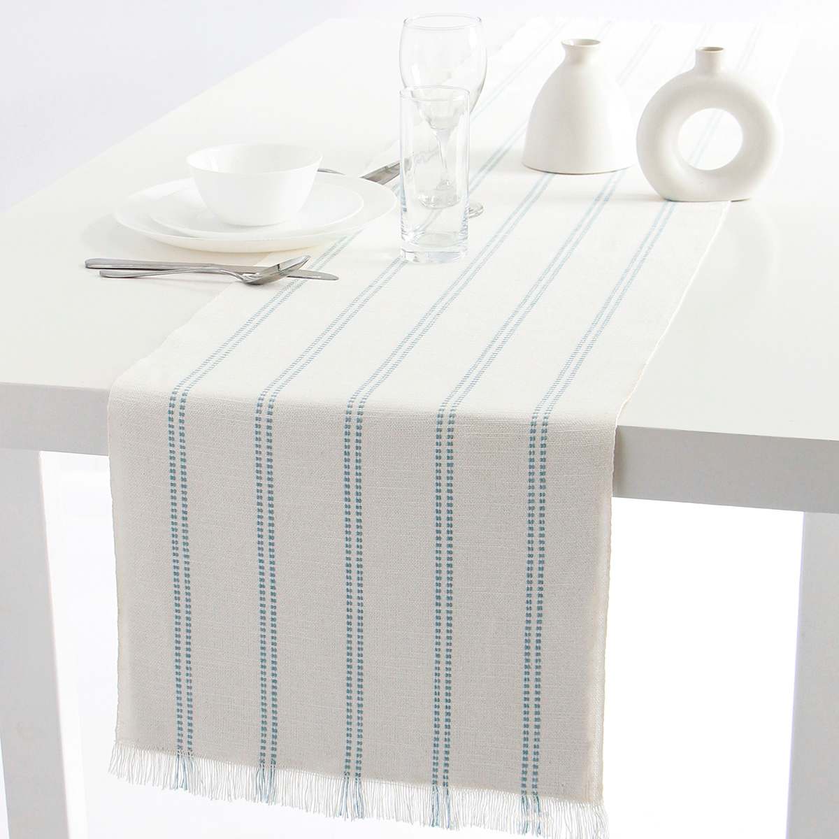Ivory Woven Ribbed Table Runner with Cameo Blue Stripes & Fringe, 72x14