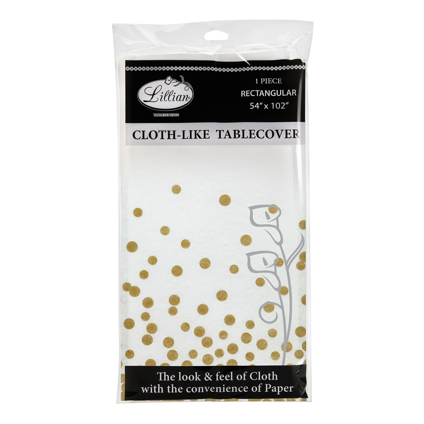 Lillian Table Settings White with Gold Confetti Cloth-Like Table Cover, 54x102