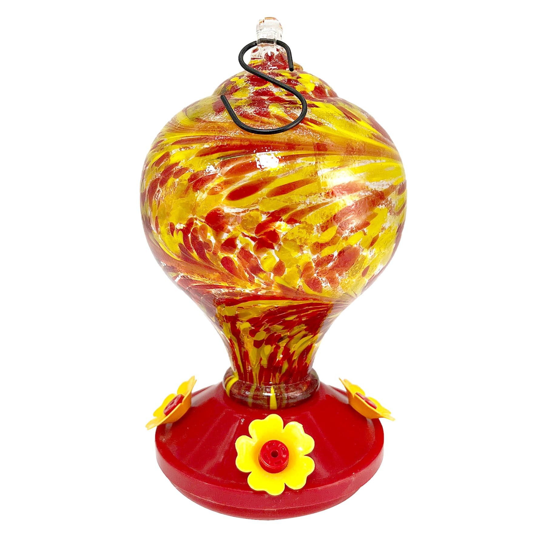 Red & Yellow Swirl Glass Hummingbird Bird Feeder, 9"