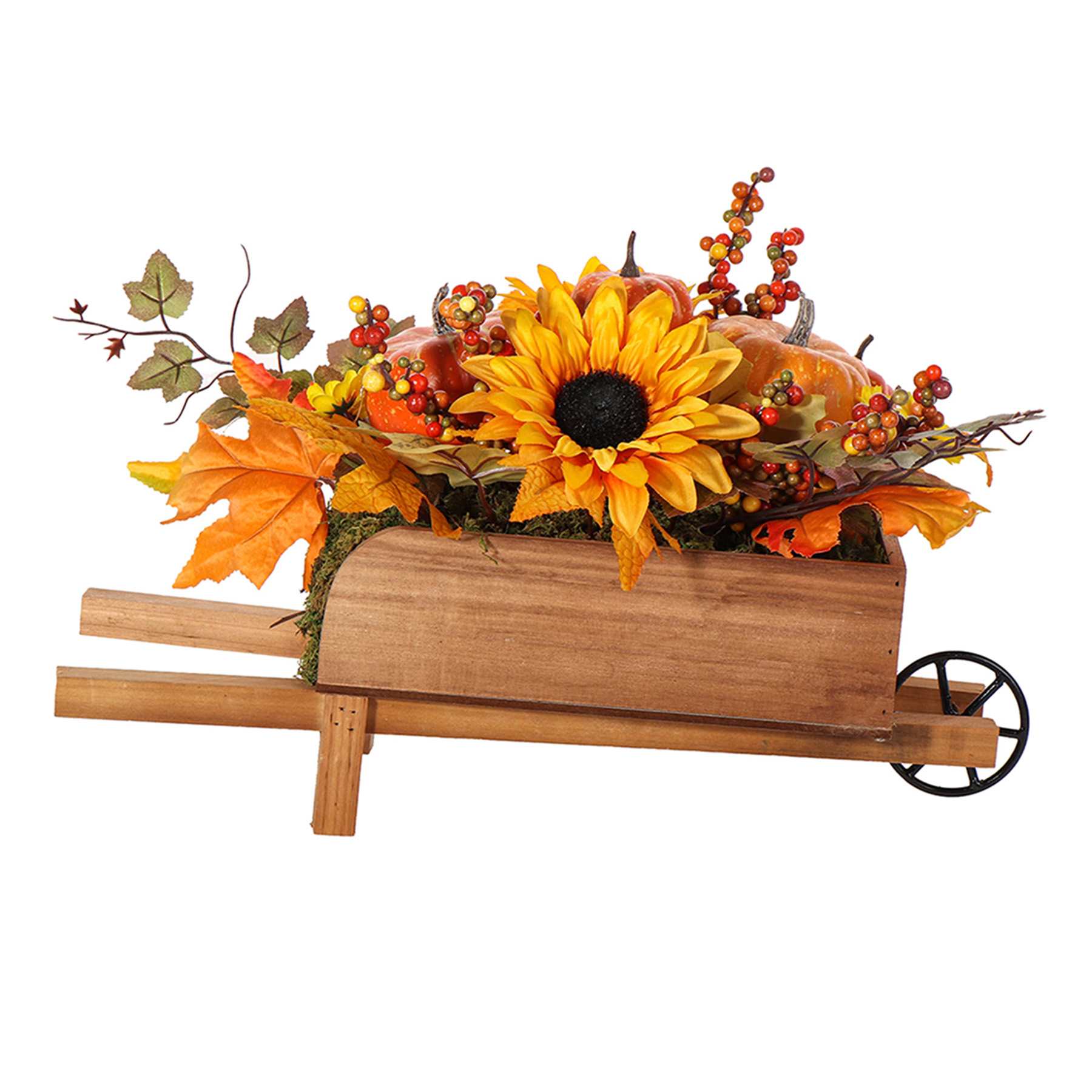 Sunflower & Pumpkin Arrangement in Wood Wheelbarrow, 22"