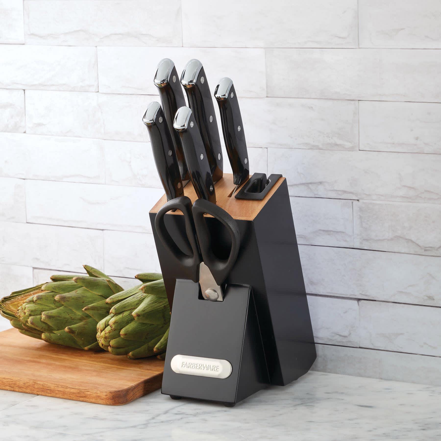 Farberware Edgekeeper 7-Piece Triple Riveted Cutlery Block Set, Black