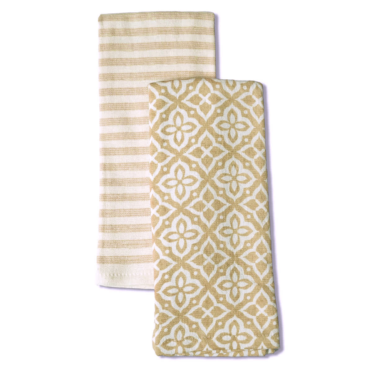 Set of 2 Taupe Geo Print Terry Cotton Kitchen Towels