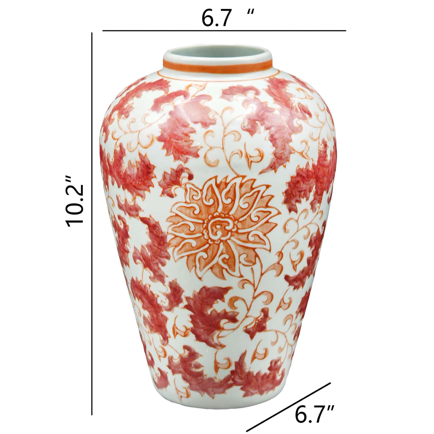 Coral Chinoiserie Porcelain Vase, 7x10