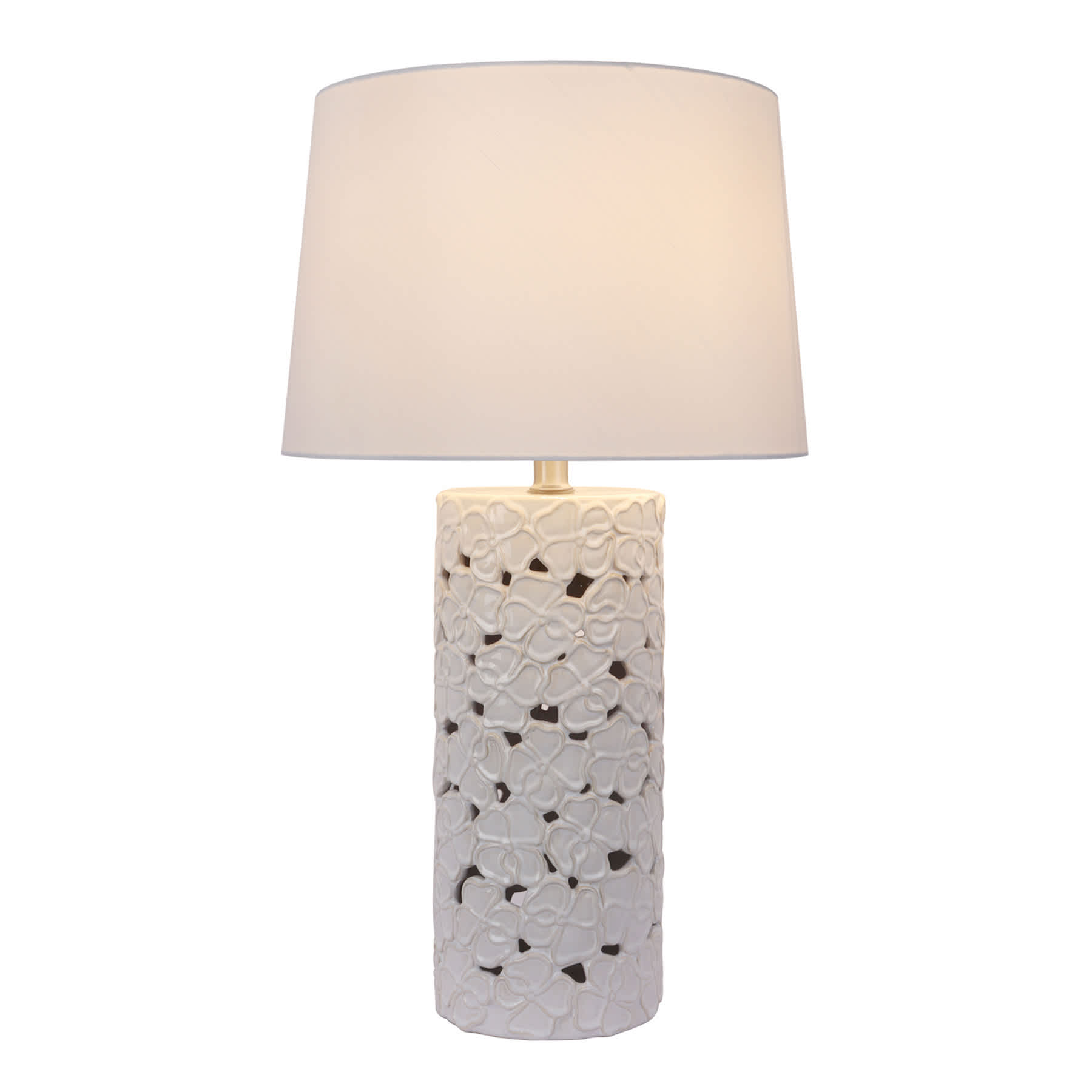 White Ceramic Floral Cutout Medium Table Lamp with Shade, 25"