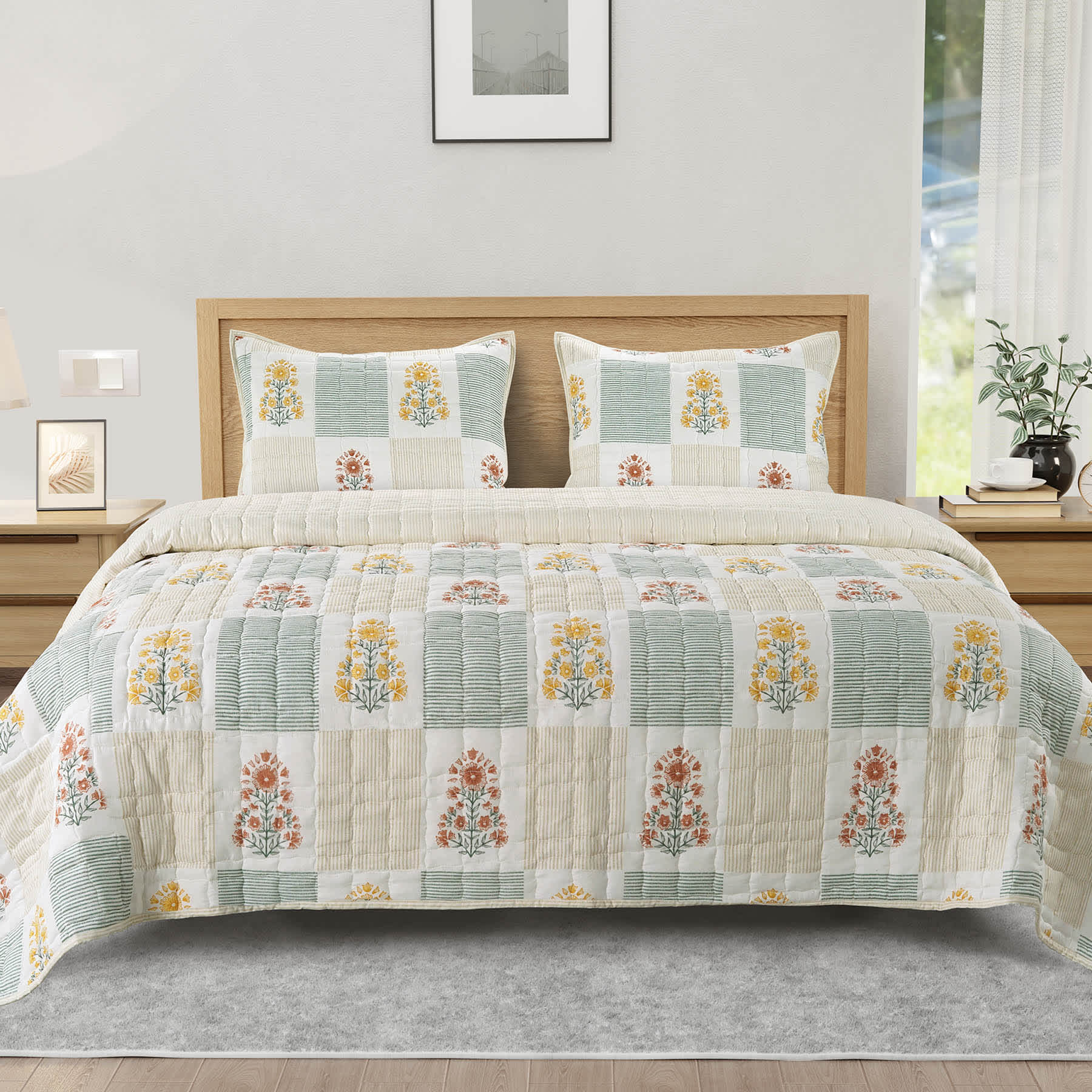 Honeybloom 3-Piece Floral Block Print Gauze Quilt Set, King